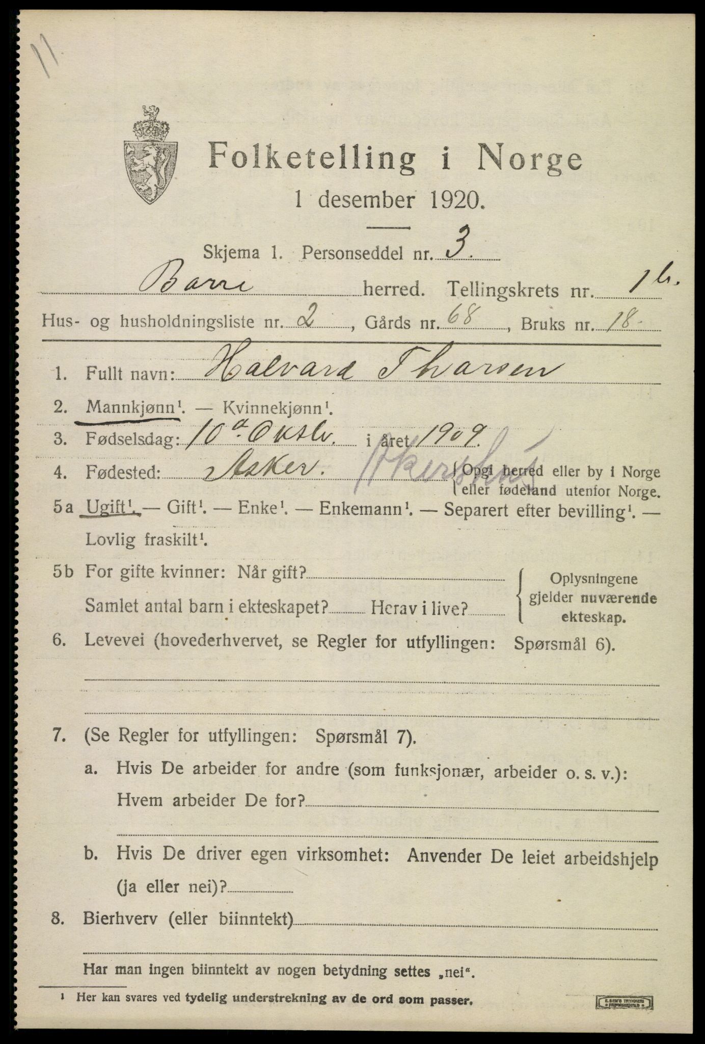 SAKO, 1920 census for Borre, 1920, p. 2636