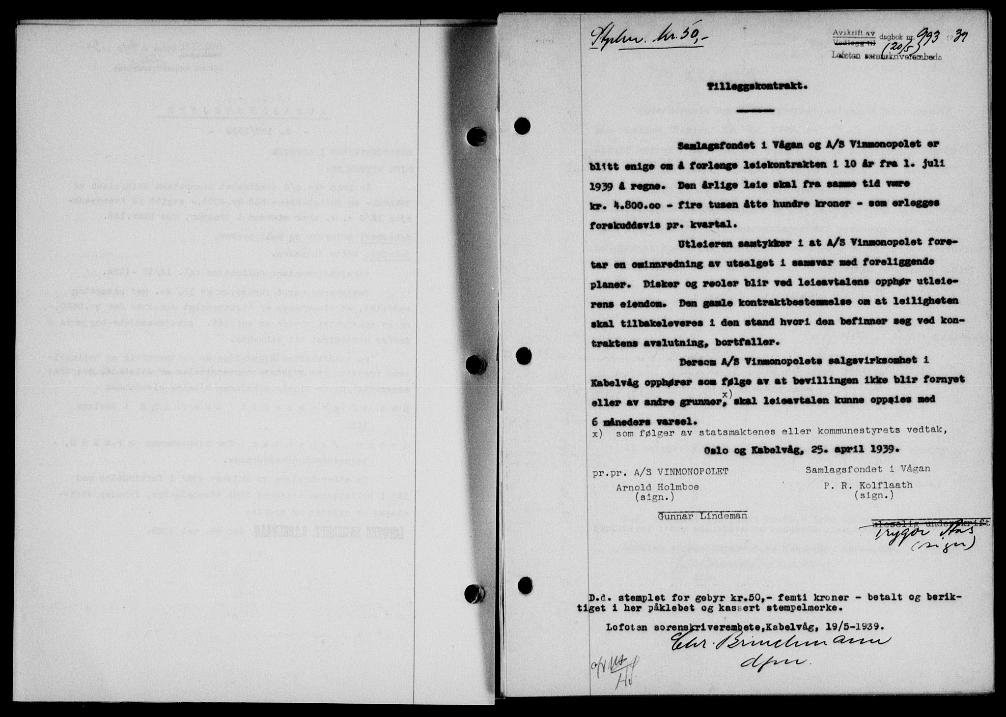 Lofoten sorenskriveri, SAT/A-0017/1/2/2C/L0005a: Mortgage book no. 5a, 1939-1939, Diary no: : 993/1939