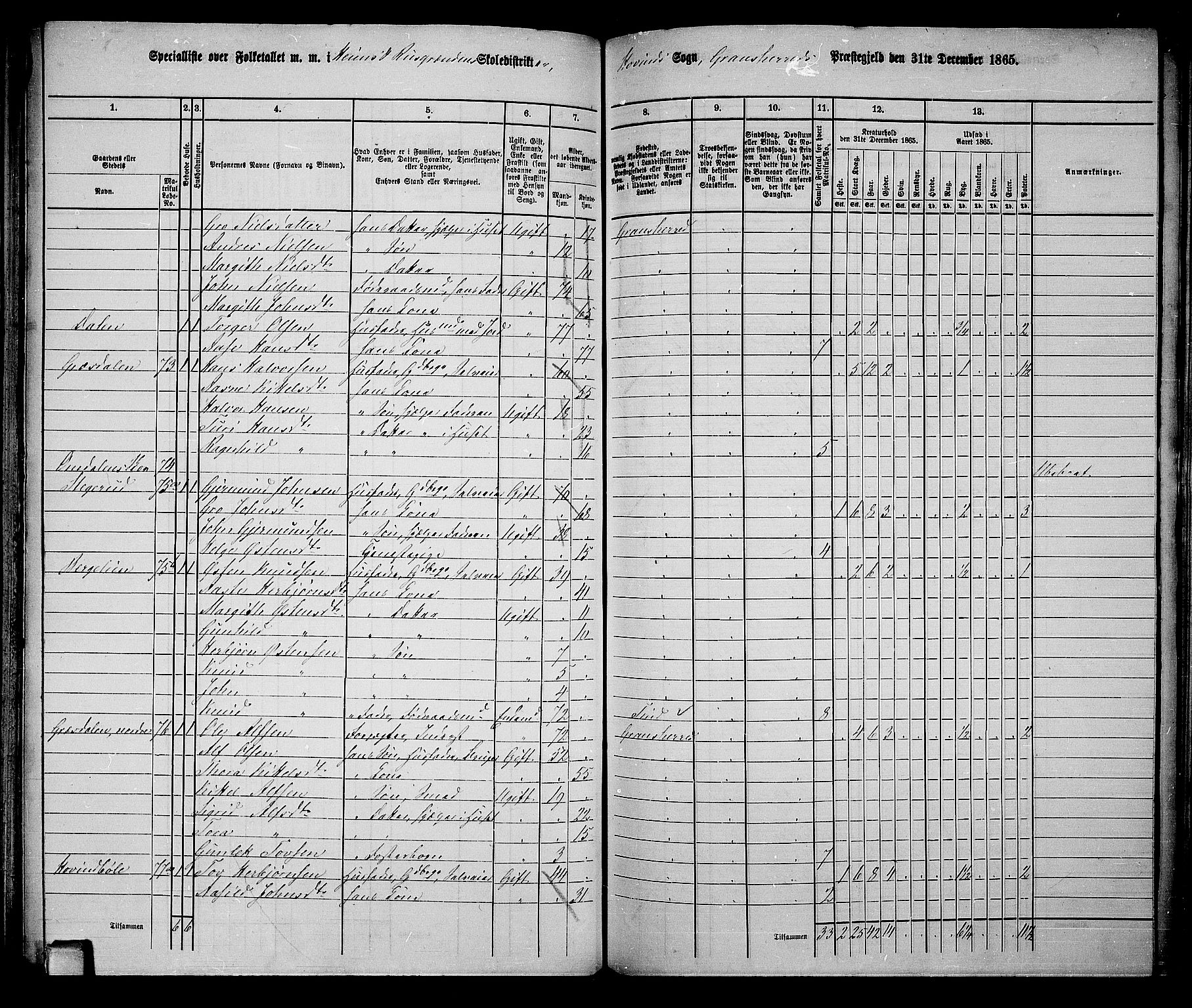 RA, 1865 census for Gransherad, 1865, p. 96