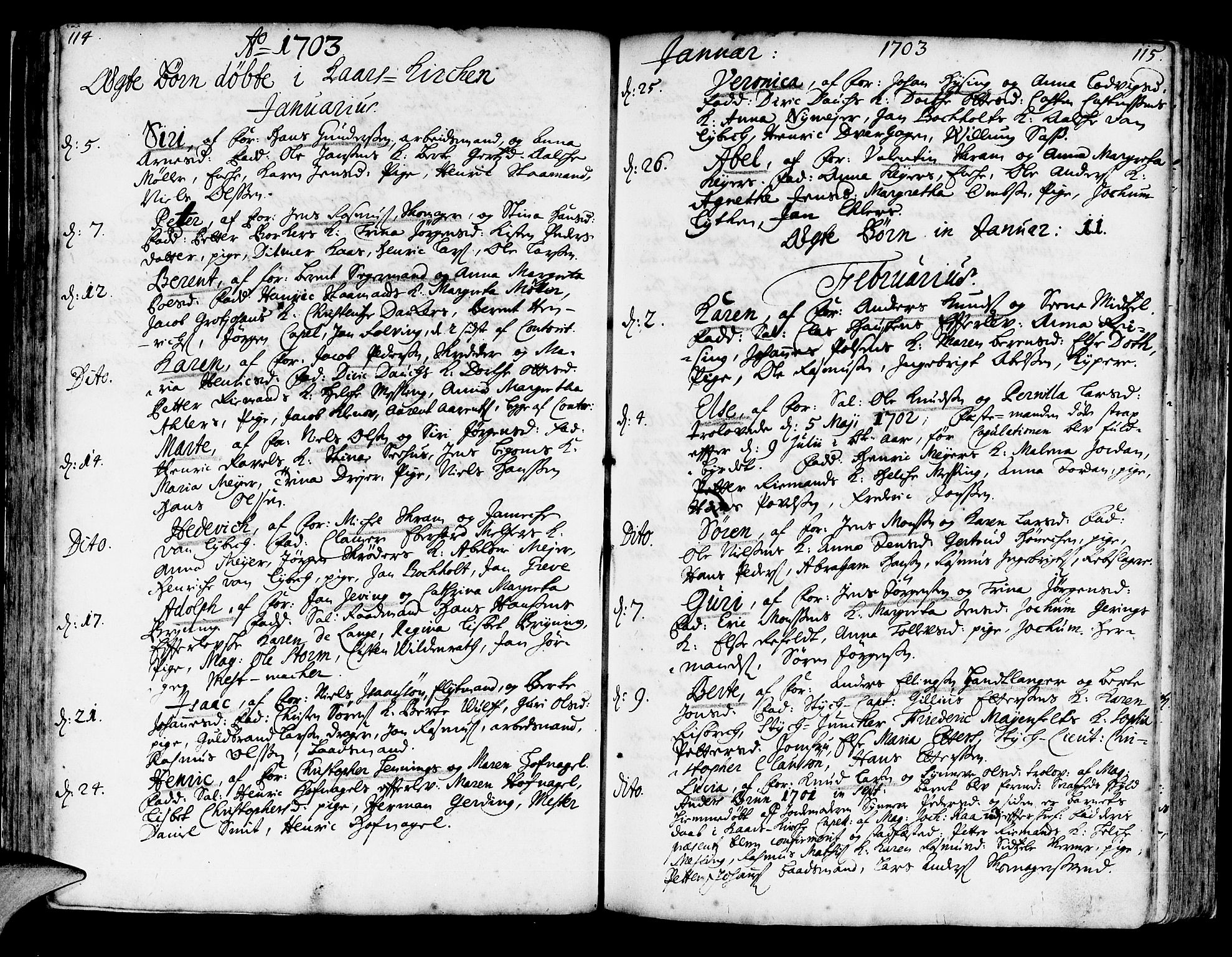 Korskirken sokneprestembete, SAB/A-76101/H/Haa/L0003: Parish register (official) no. A 3, 1698-1719, p. 114-115