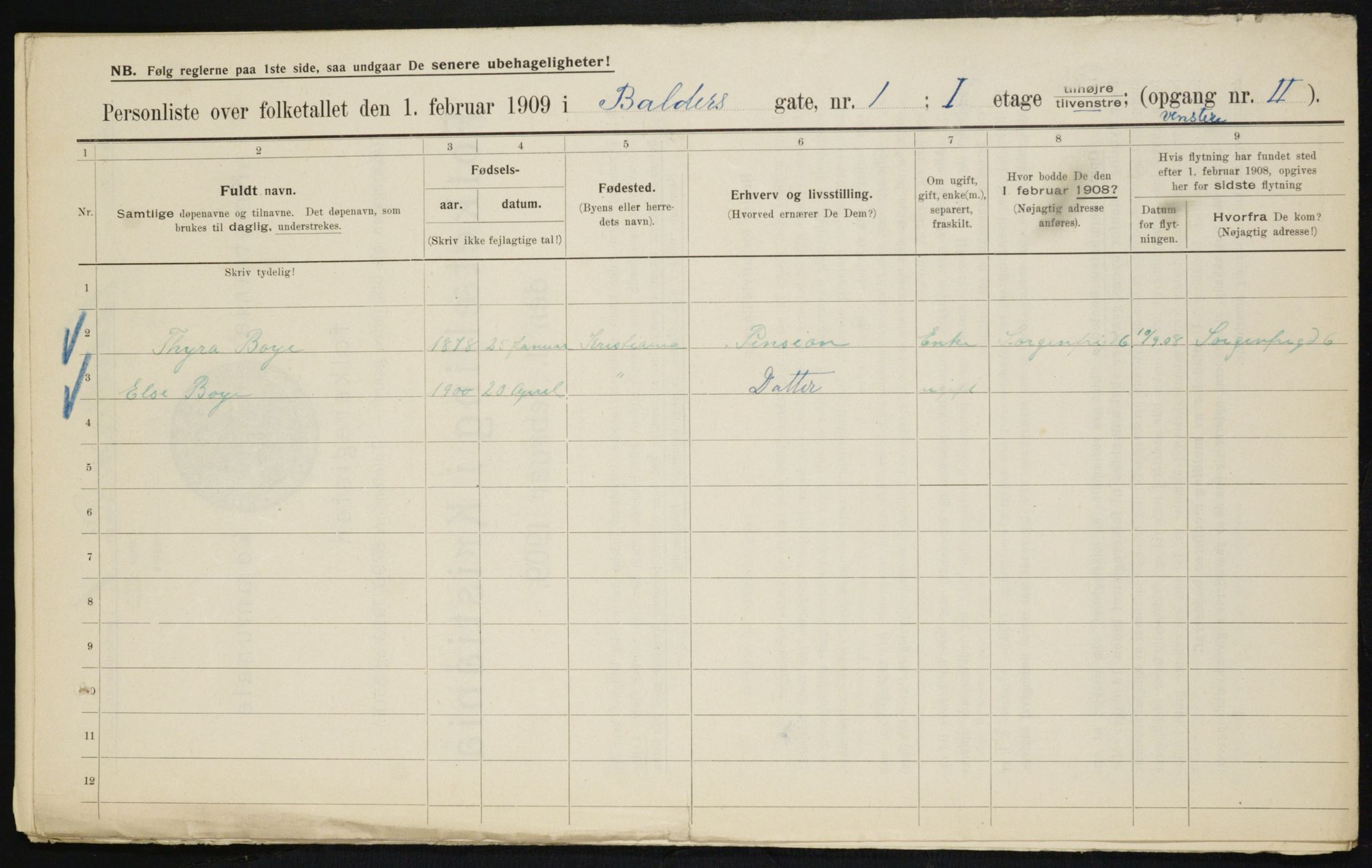 OBA, Municipal Census 1909 for Kristiania, 1909, p. 2796