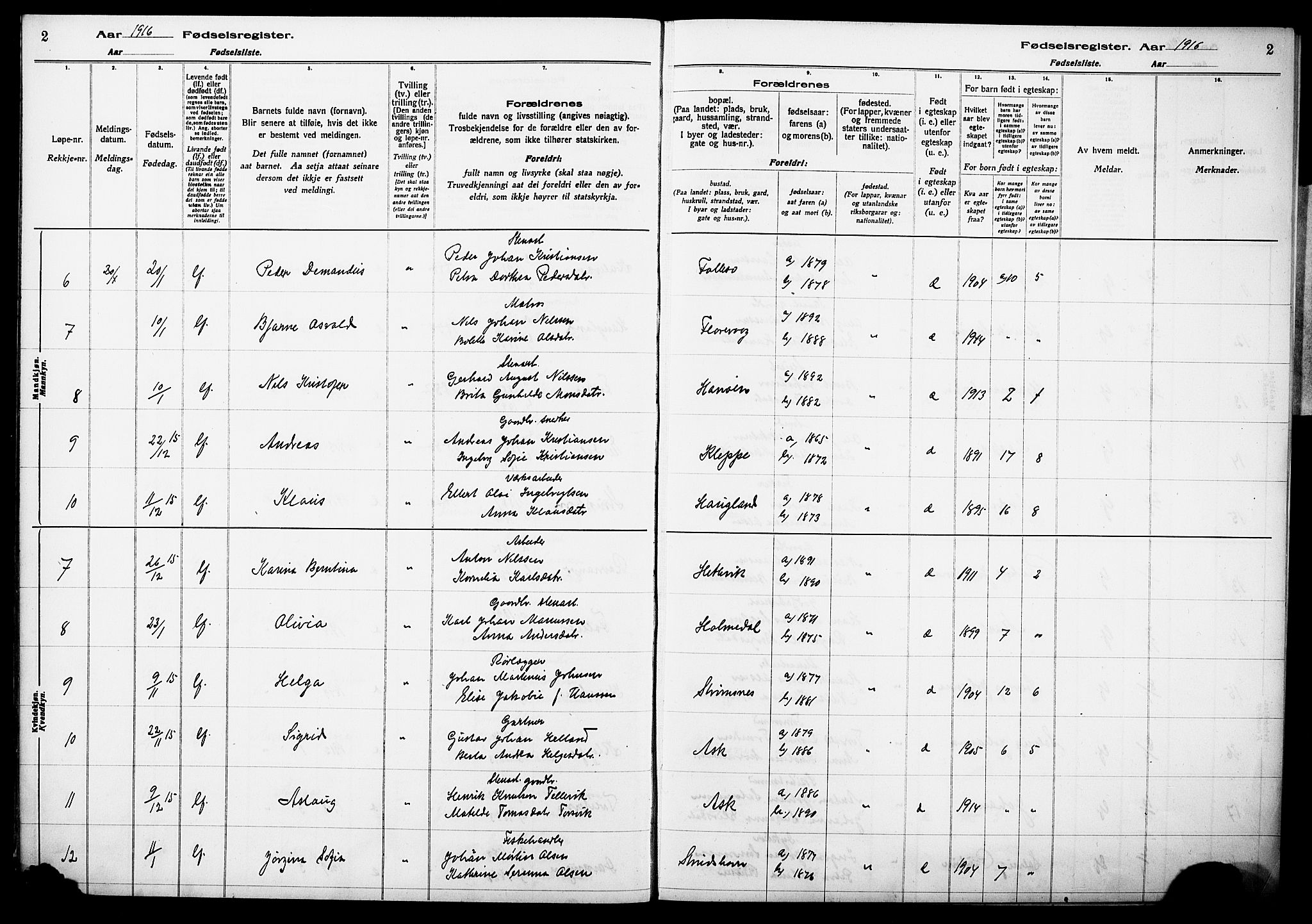 Askøy Sokneprestembete, AV/SAB-A-74101/I/Id/L00A1: Birth register no. A 1, 1916-1928, p. 2