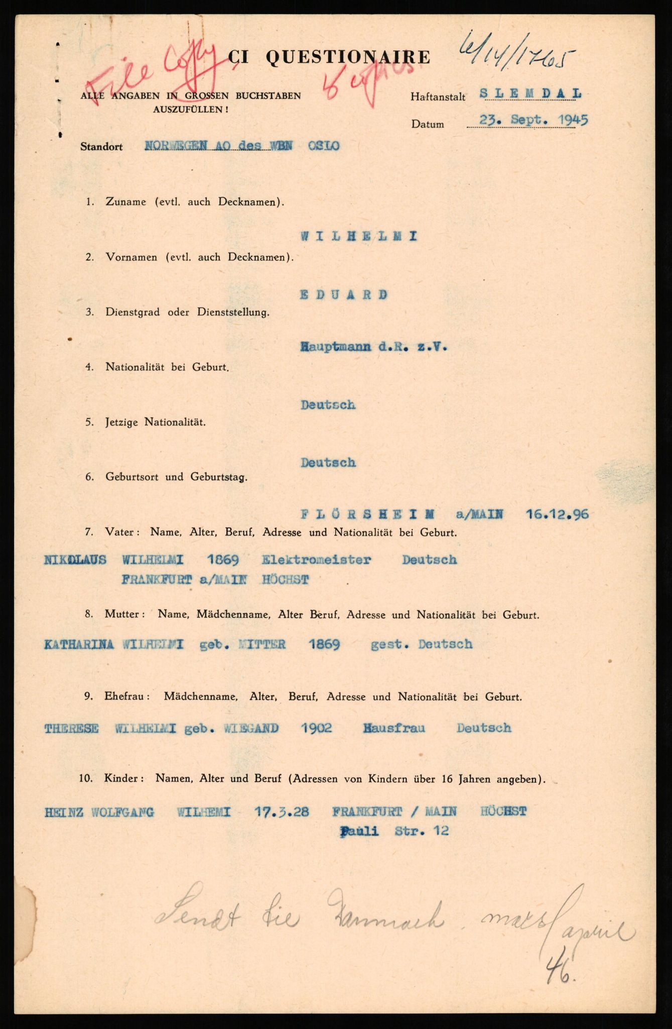 Forsvaret, Forsvarets overkommando II, AV/RA-RAFA-3915/D/Db/L0036: CI Questionaires. Tyske okkupasjonsstyrker i Norge. Tyskere., 1945-1946, p. 44