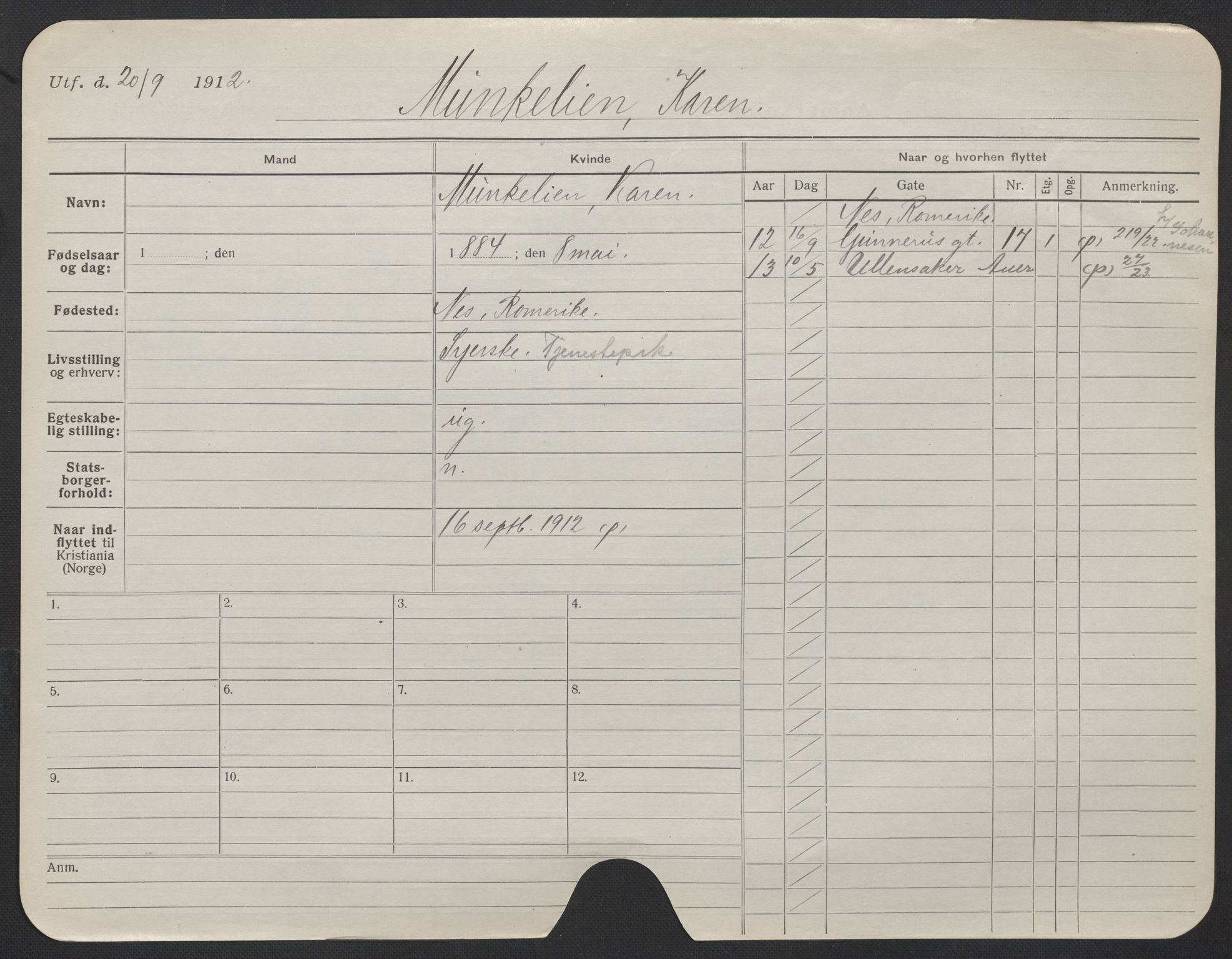 Oslo folkeregister, Registerkort, AV/SAO-A-11715/F/Fa/Fac/L0020: Kvinner, 1906-1914, p. 1095a