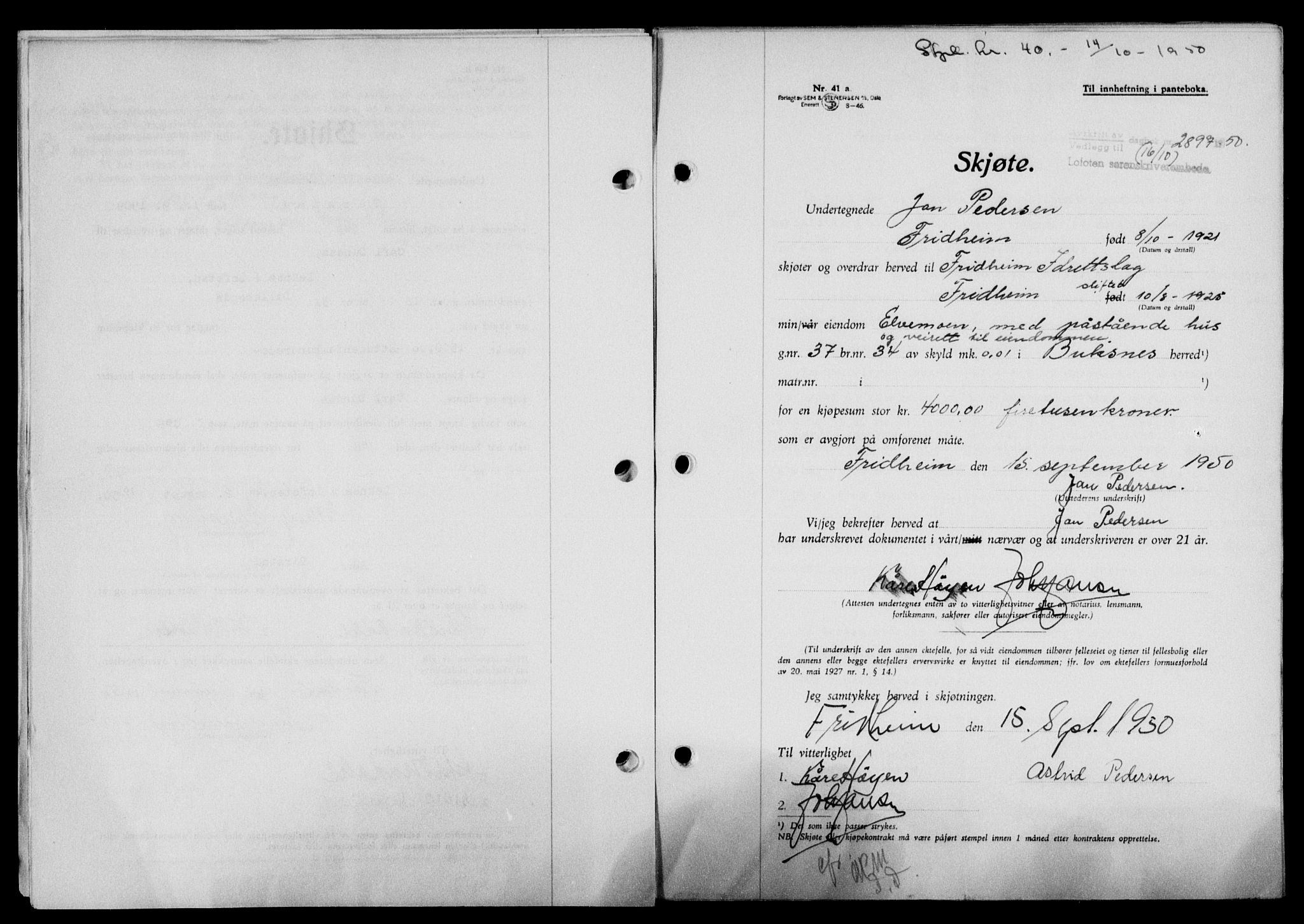 Lofoten sorenskriveri, SAT/A-0017/1/2/2C/L0024a: Mortgage book no. 24a, 1950-1950, Diary no: : 2897/1950