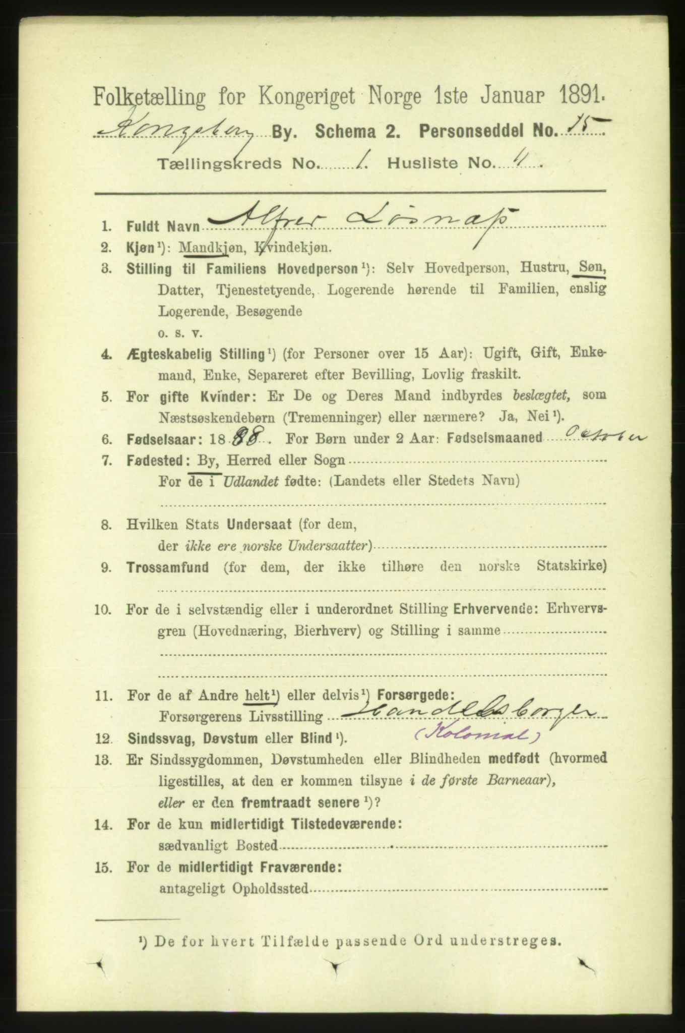 RA, 1891 census for 0604 Kongsberg, 1891, p. 1686