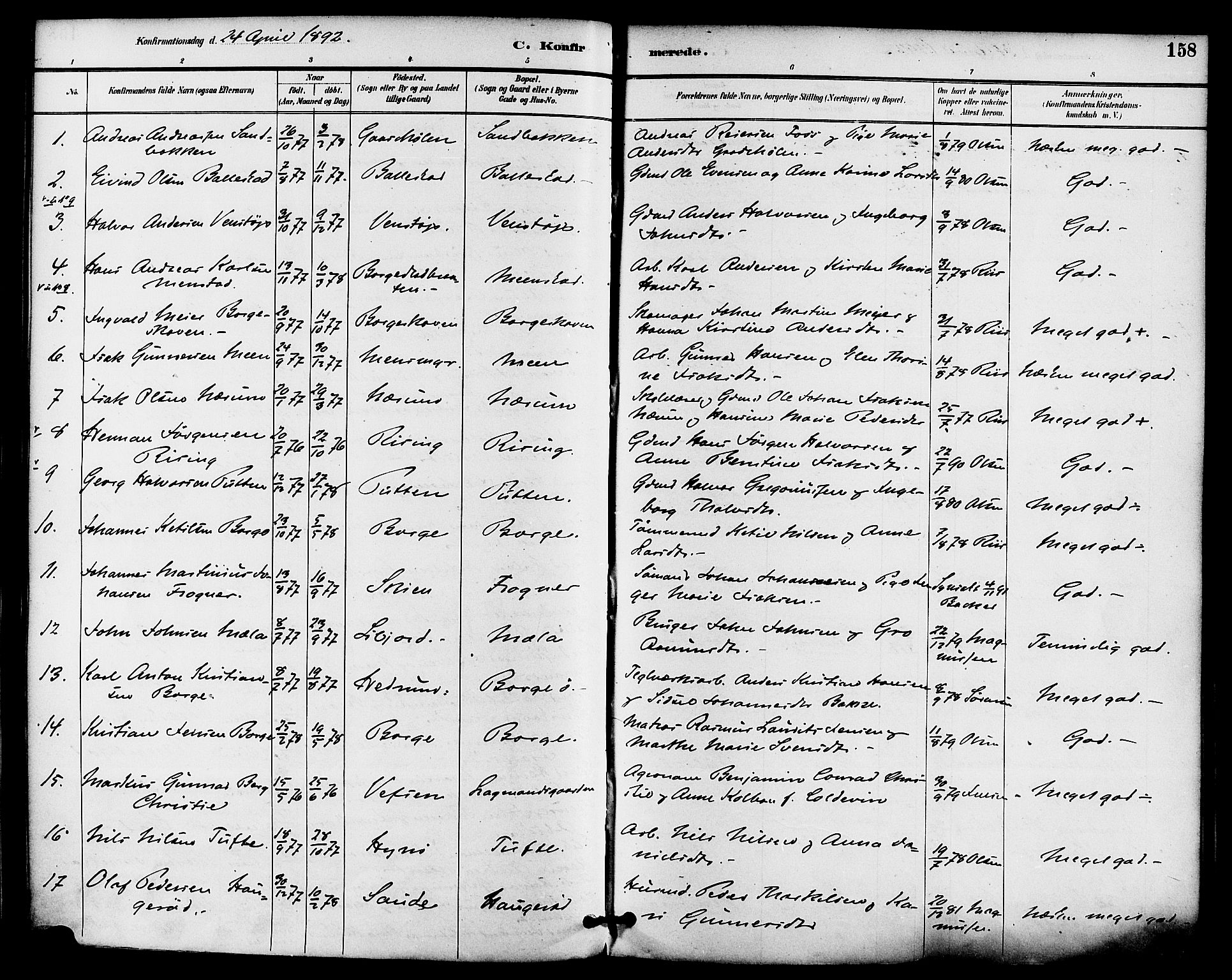 Gjerpen kirkebøker, SAKO/A-265/F/Fa/L0010: Parish register (official) no. I 10, 1886-1895, p. 158