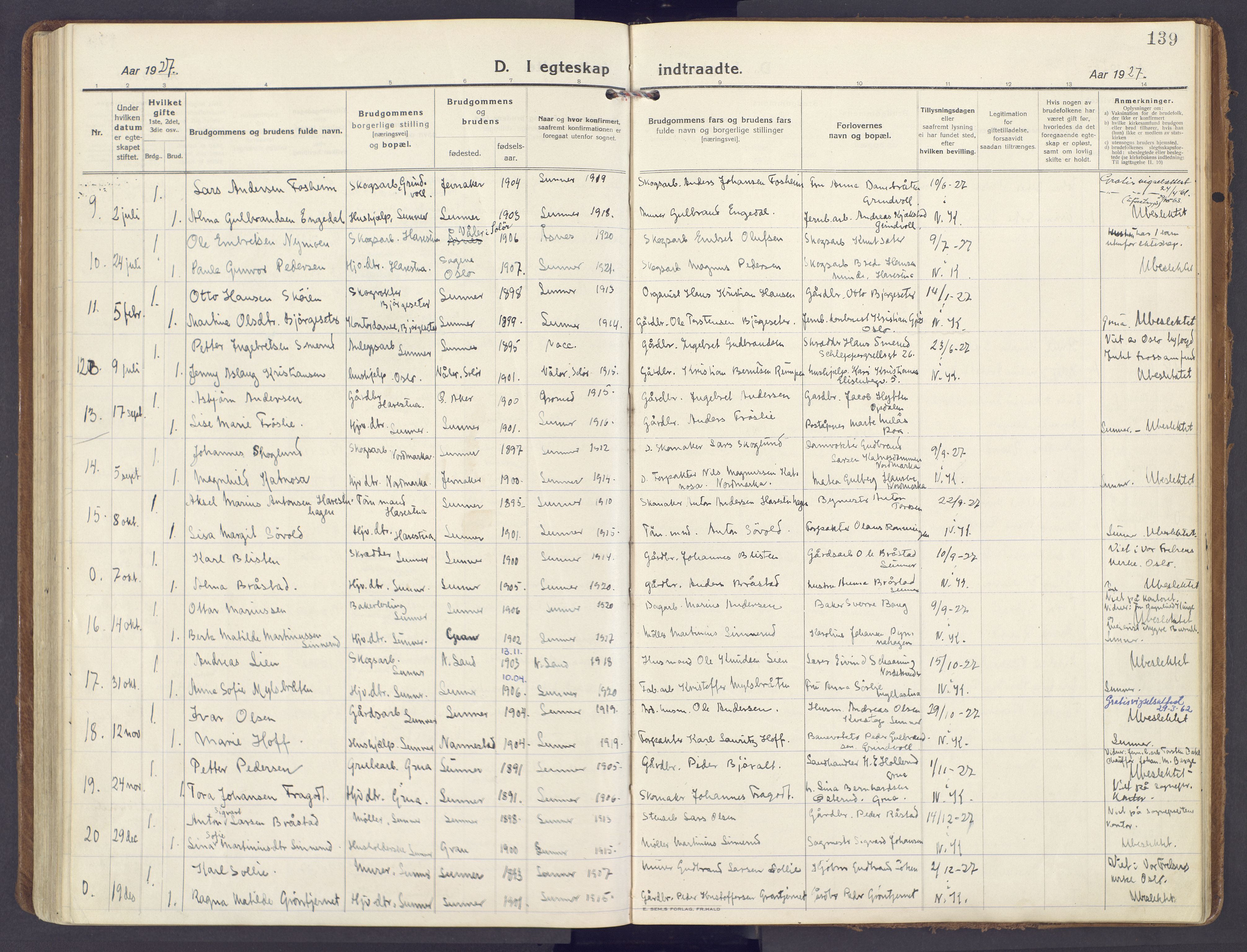 Lunner prestekontor, SAH/PREST-118/H/Ha/Haa/L0002: Parish register (official) no. 2, 1922-1931, p. 139