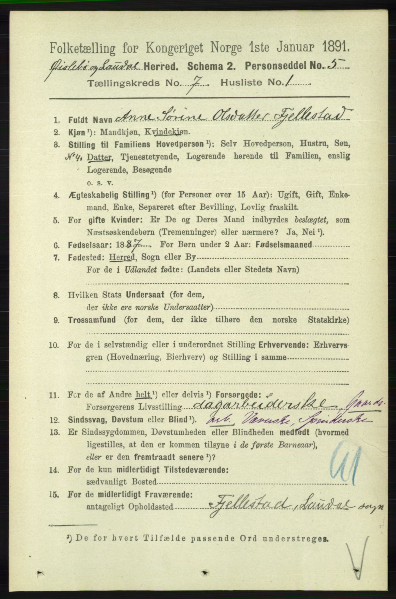 RA, 1891 census for 1021 Øyslebø og Laudal, 1891, p. 1932