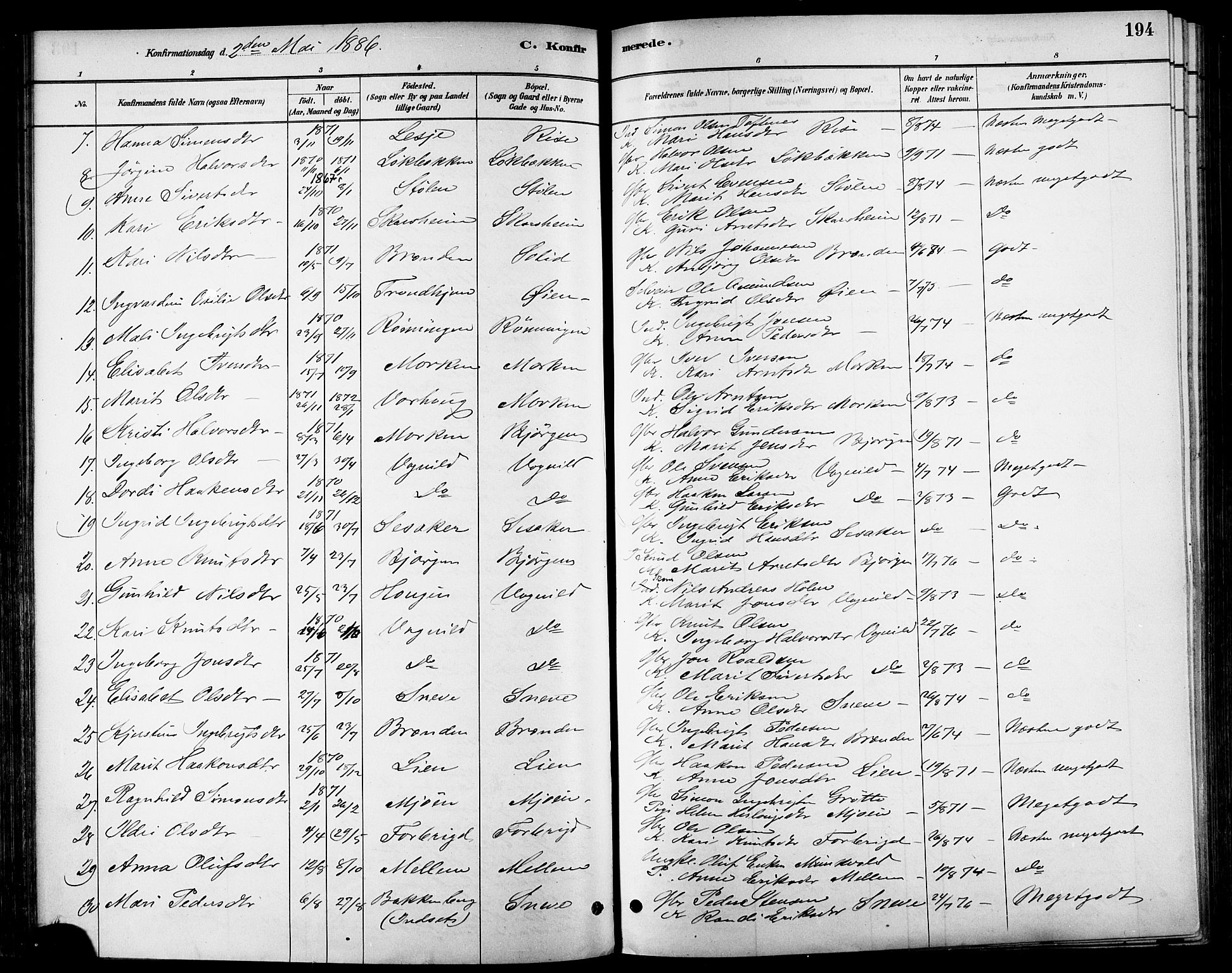 Ministerialprotokoller, klokkerbøker og fødselsregistre - Sør-Trøndelag, AV/SAT-A-1456/678/L0901: Parish register (official) no. 678A10, 1881-1894, p. 194