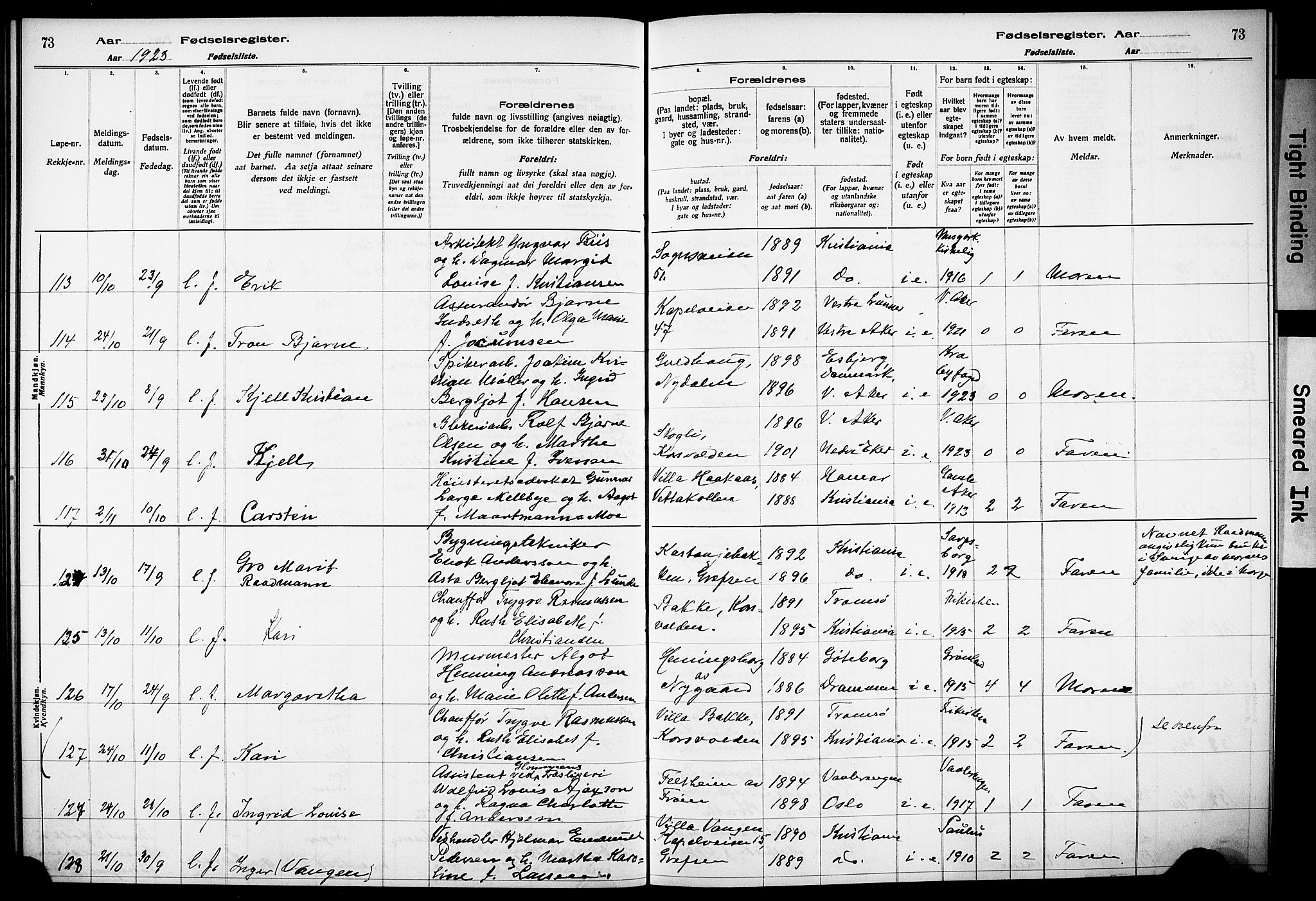 Vestre Aker prestekontor Kirkebøker, AV/SAO-A-10025/J/Ja/L0002: Birth register no. 2, 1922-1926, p. 73