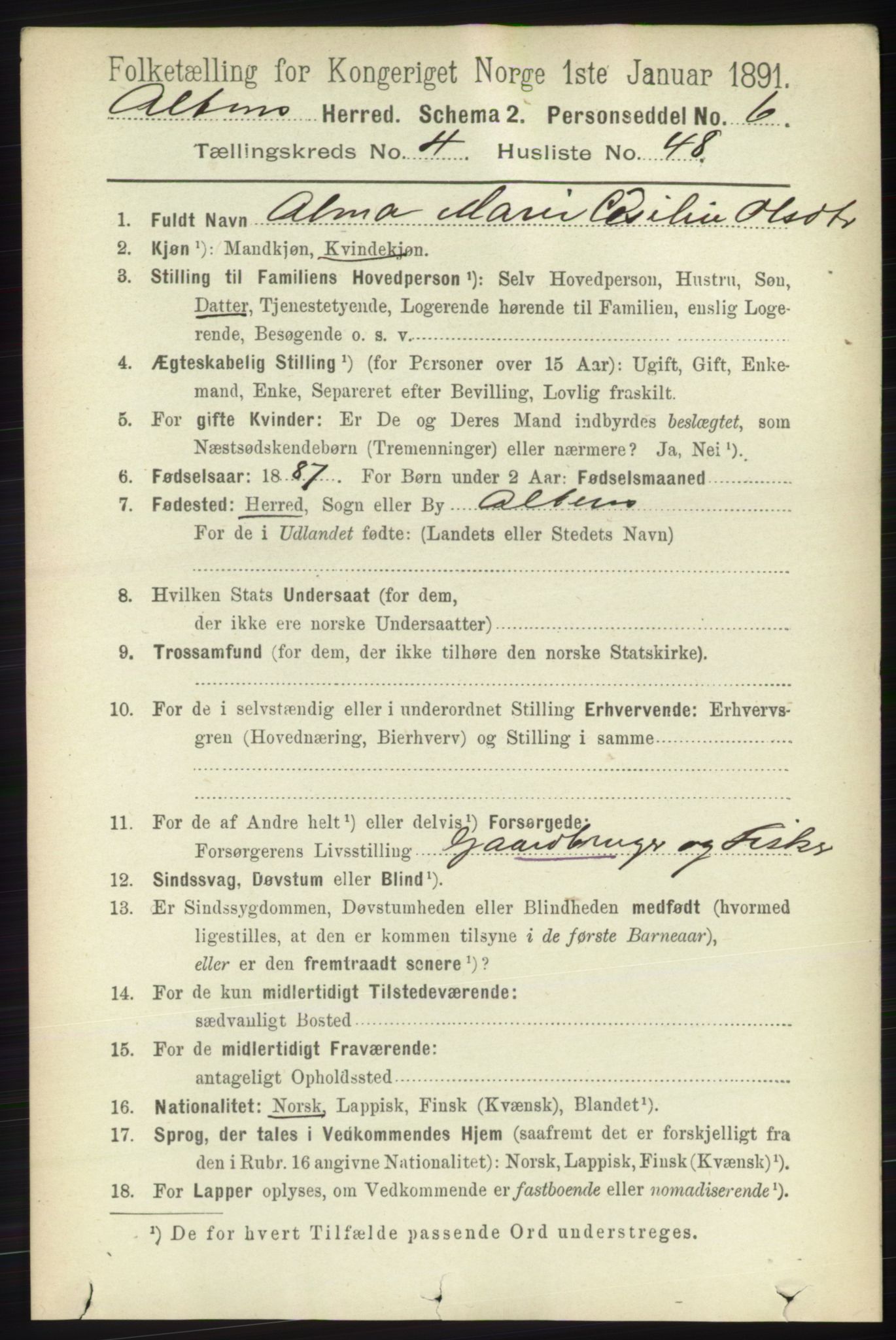 RA, 1891 census for 2012 Alta, 1891, p. 1605