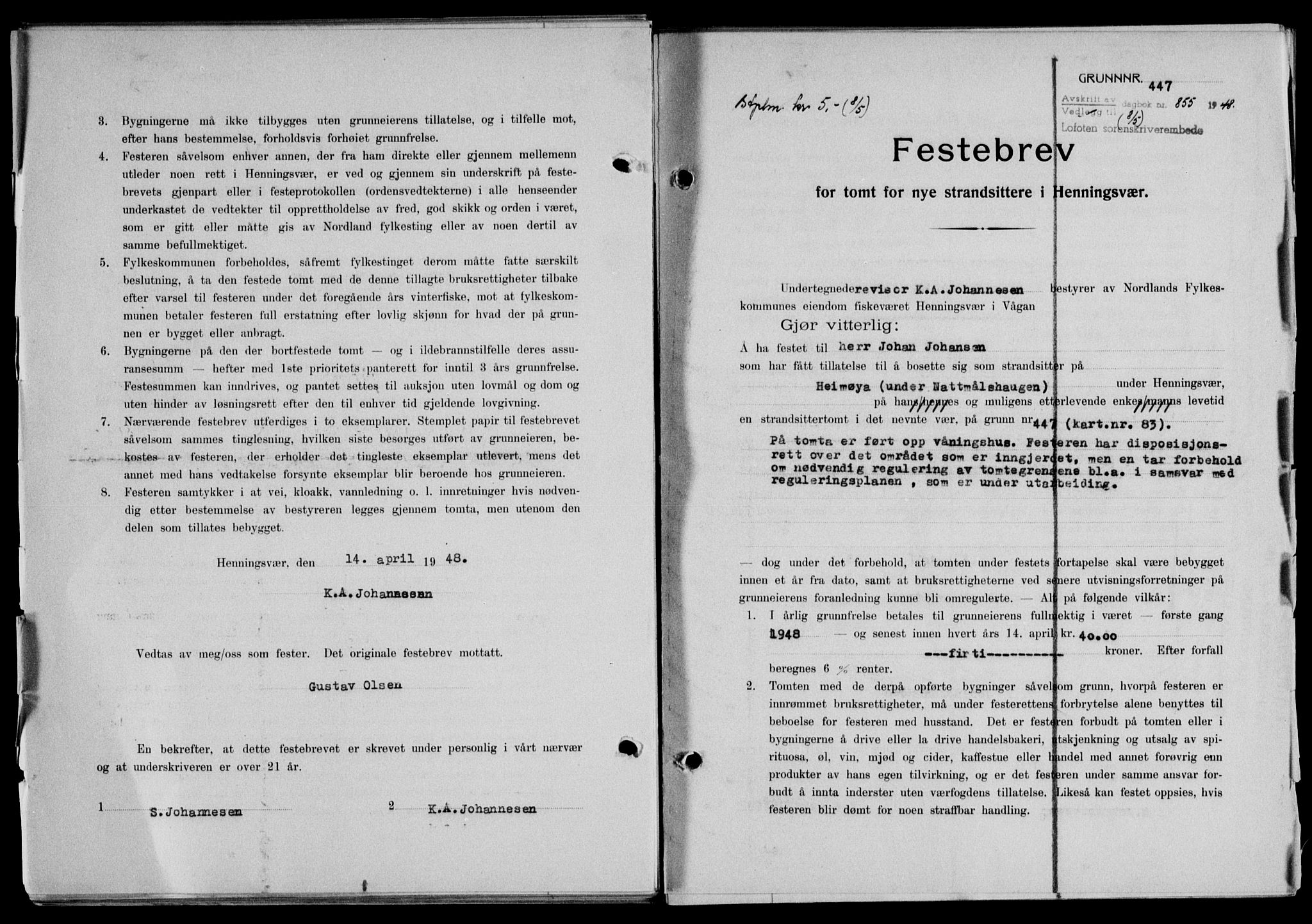Lofoten sorenskriveri, SAT/A-0017/1/2/2C/L0018a: Mortgage book no. 18a, 1948-1948, Diary no: : 855/1948