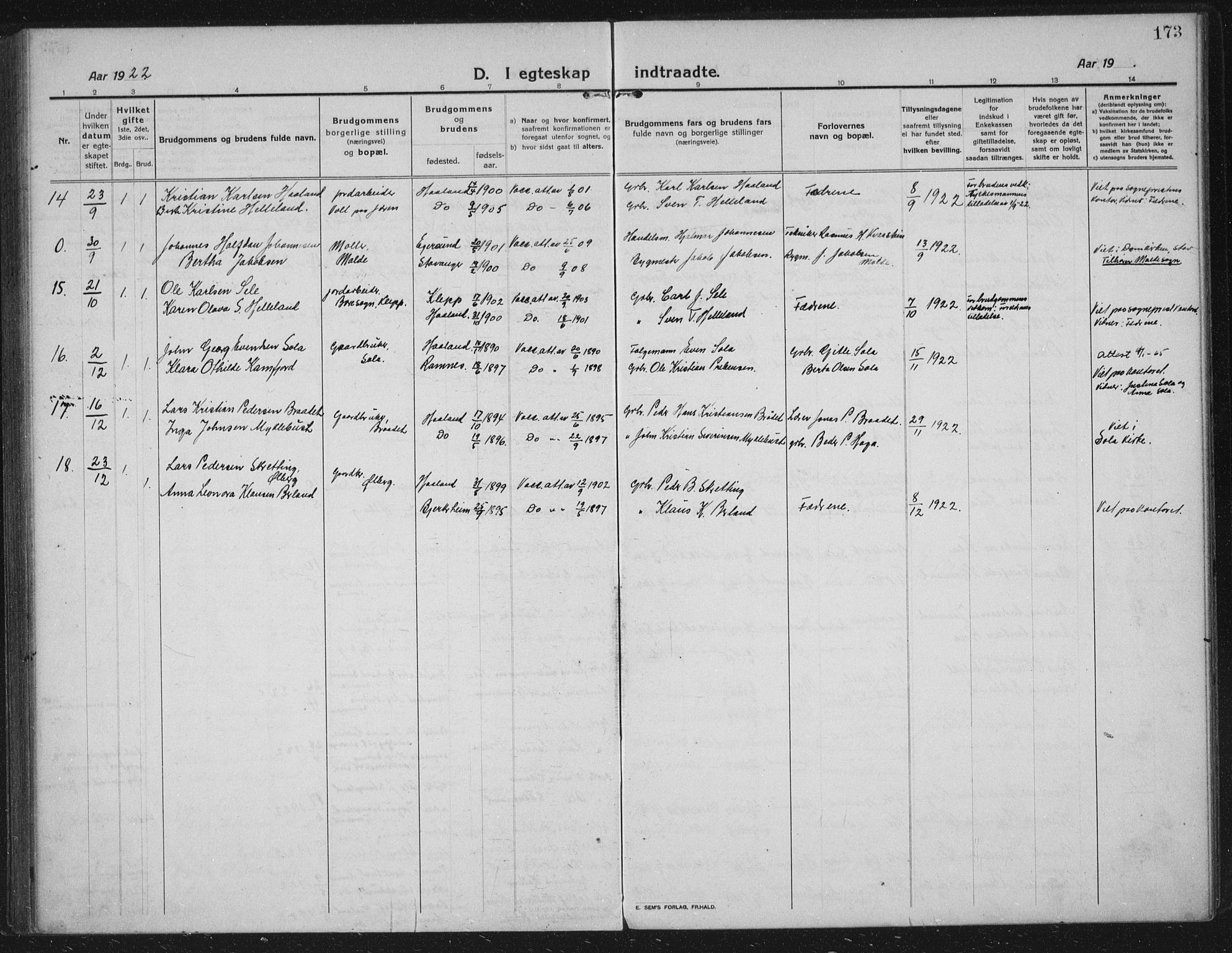 Håland sokneprestkontor, SAST/A-101802/002/C/L0001: Parish register (official) no. A 14, 1913-1927, p. 173