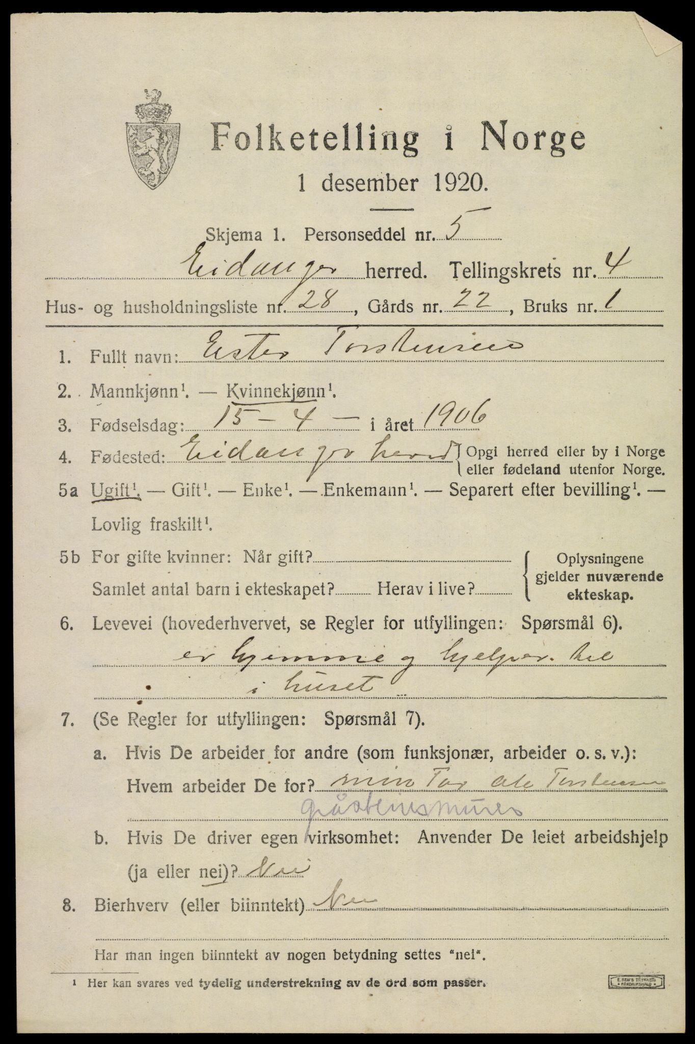 SAKO, 1920 census for Eidanger, 1920, p. 4094