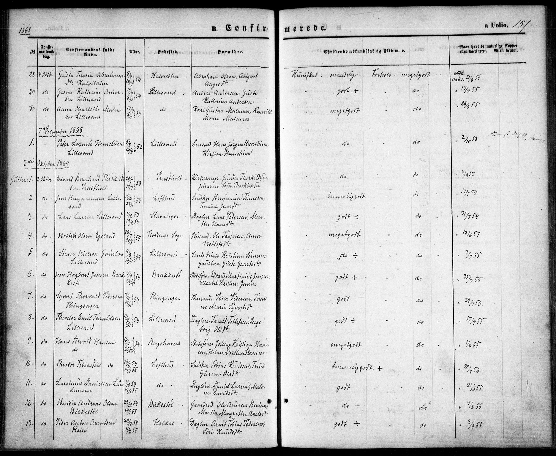 Vestre Moland sokneprestkontor, AV/SAK-1111-0046/F/Fa/Fab/L0007: Parish register (official) no. A 7, 1859-1872, p. 157