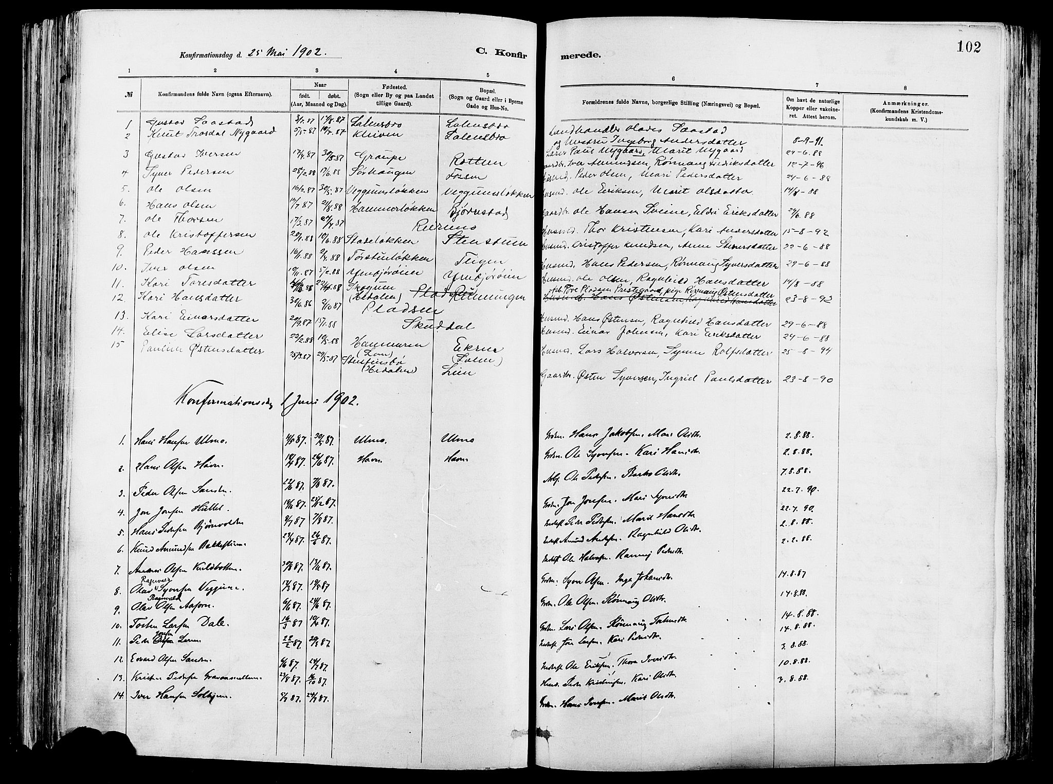 Vågå prestekontor, SAH/PREST-076/H/Ha/Haa/L0008: Parish register (official) no. 8, 1886-1904, p. 102