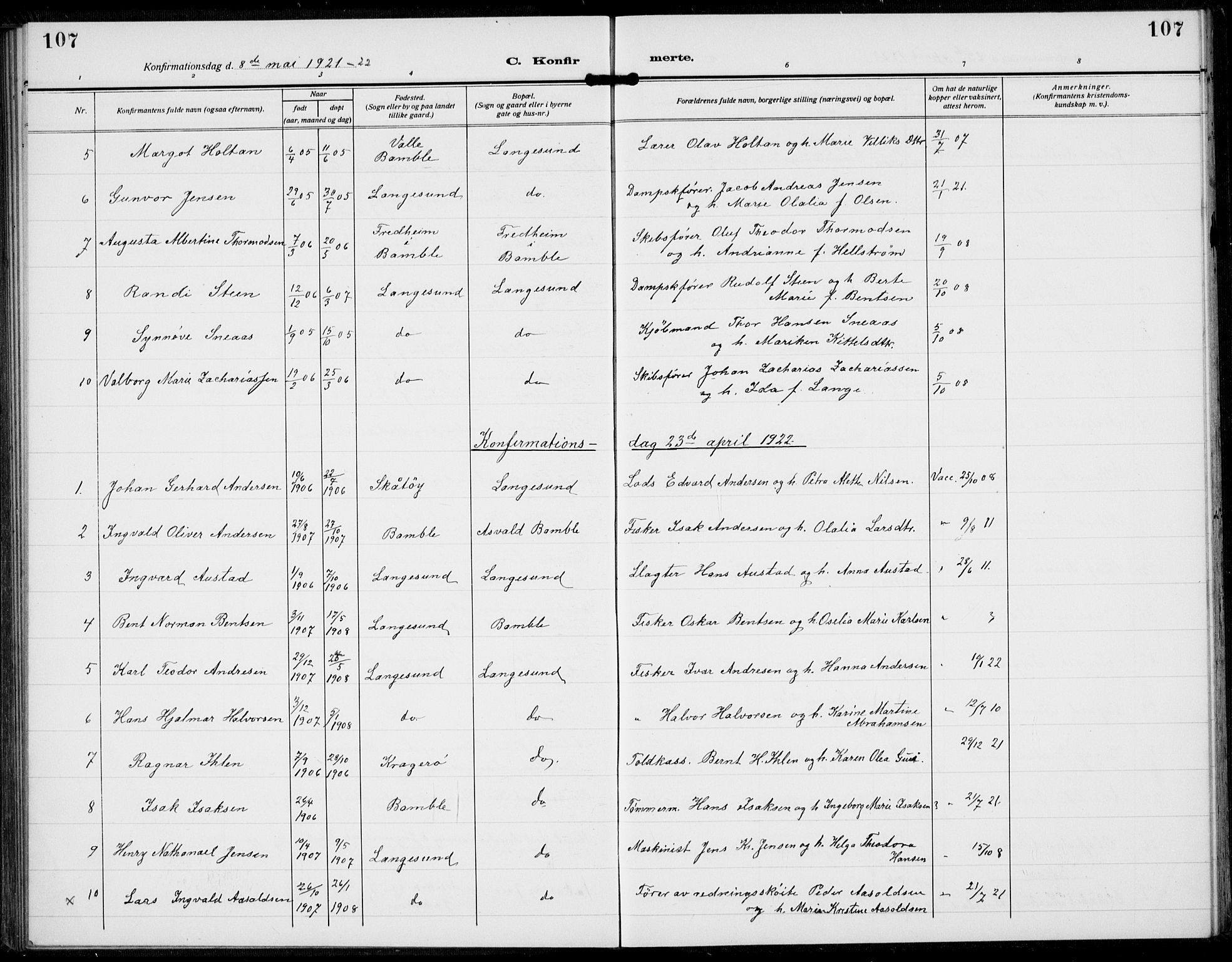 Langesund kirkebøker, AV/SAKO-A-280/G/Ga/L0007: Parish register (copy) no. 7, 1919-1939, p. 107