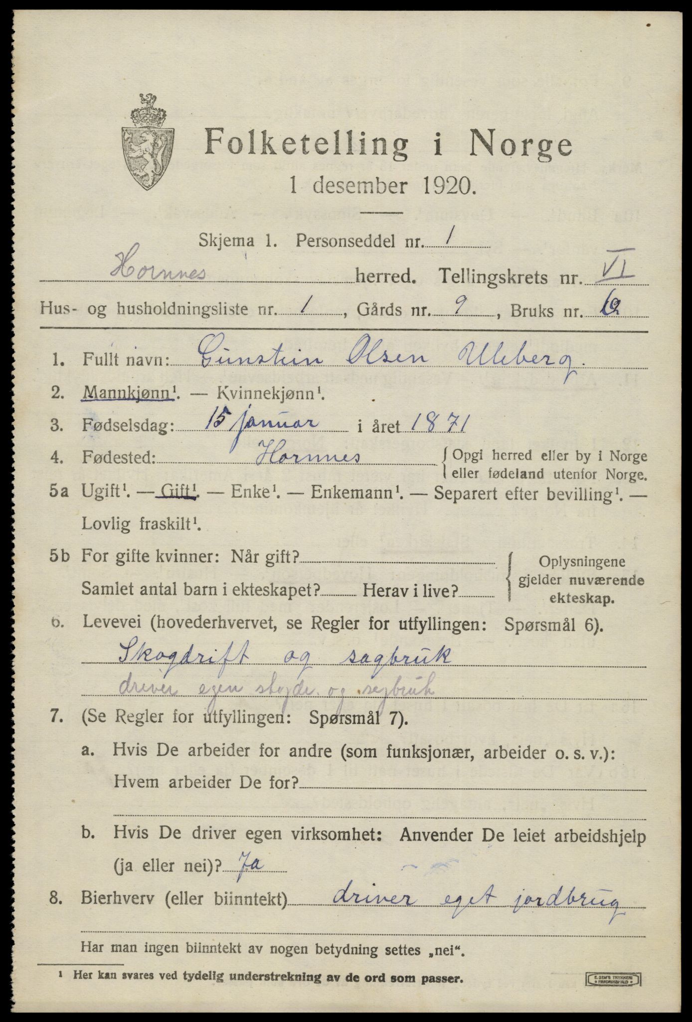 SAK, 1920 census for Hornnes, 1920, p. 1557