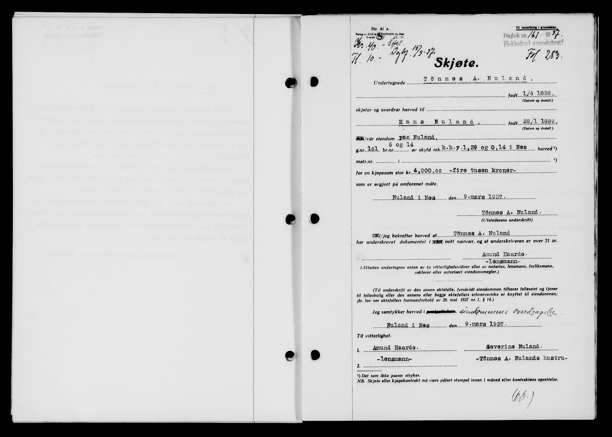 Flekkefjord sorenskriveri, SAK/1221-0001/G/Gb/Gba/L0053: Mortgage book no. A-1, 1936-1937, Diary no: : 161/1937