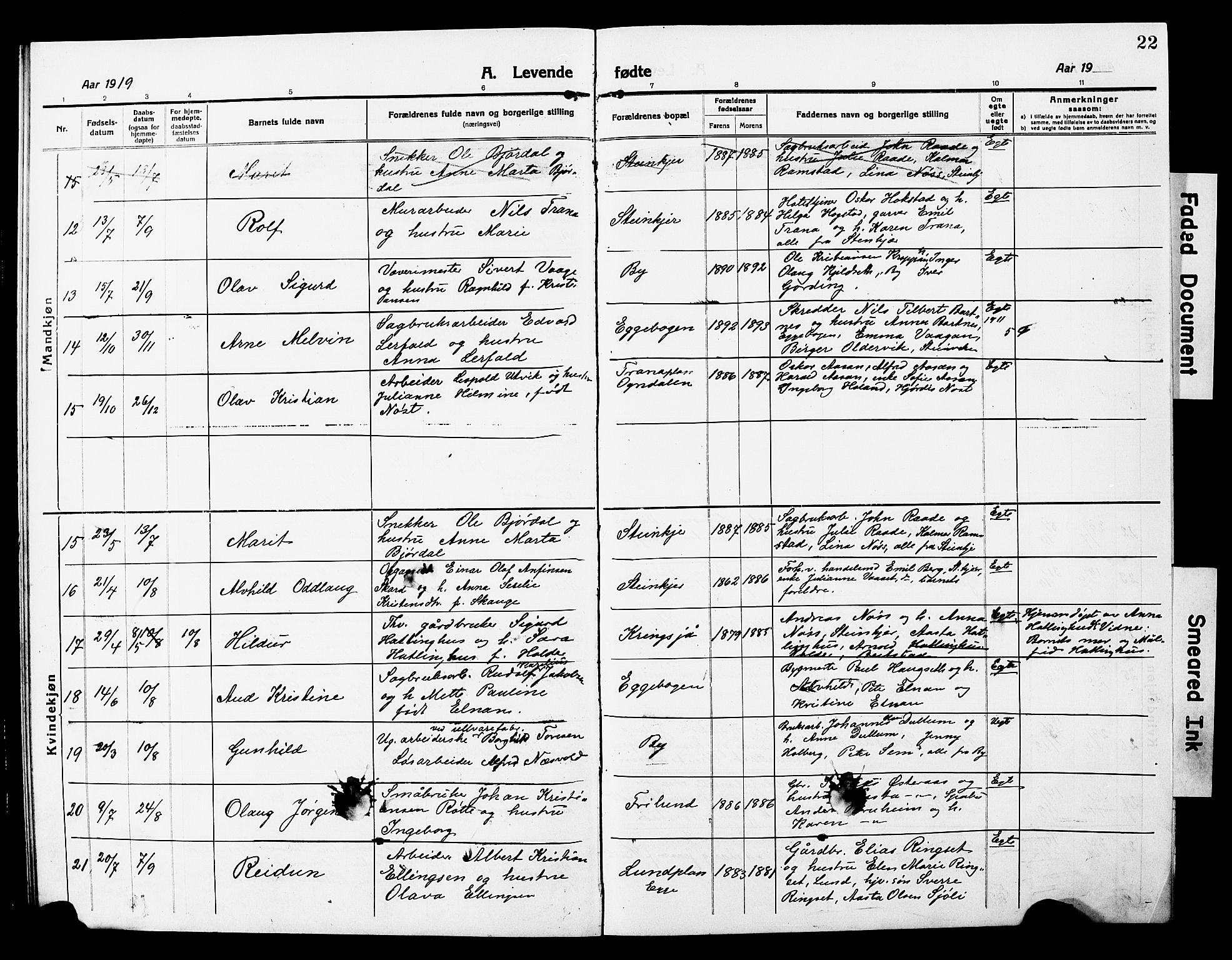 Ministerialprotokoller, klokkerbøker og fødselsregistre - Nord-Trøndelag, AV/SAT-A-1458/740/L0382: Parish register (copy) no. 740C03, 1915-1927, p. 22