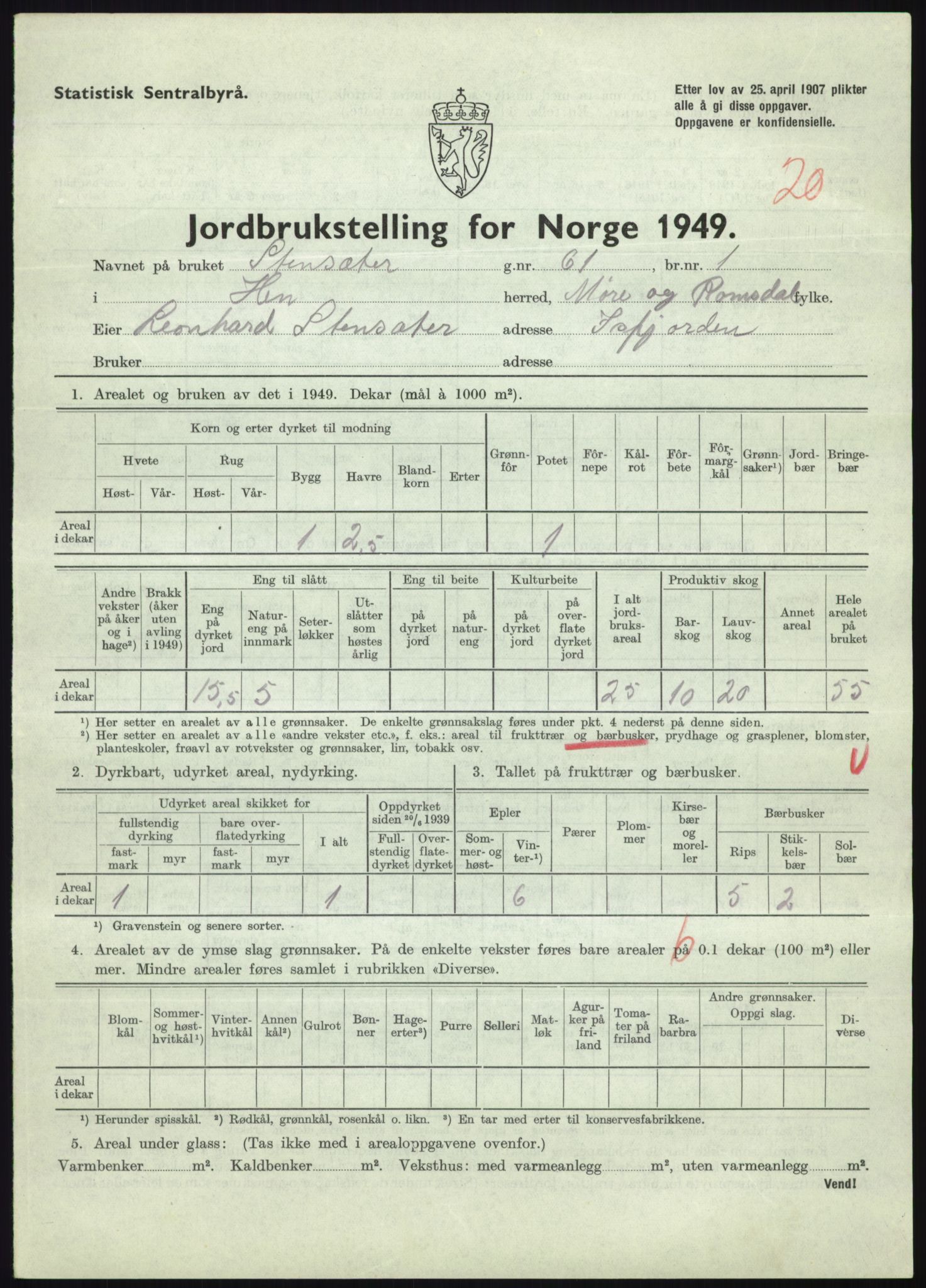 Statistisk sentralbyrå, Næringsøkonomiske emner, Jordbruk, skogbruk, jakt, fiske og fangst, AV/RA-S-2234/G/Gc/L0323: Møre og Romsdal: Grytten og Hen, 1949, p. 655