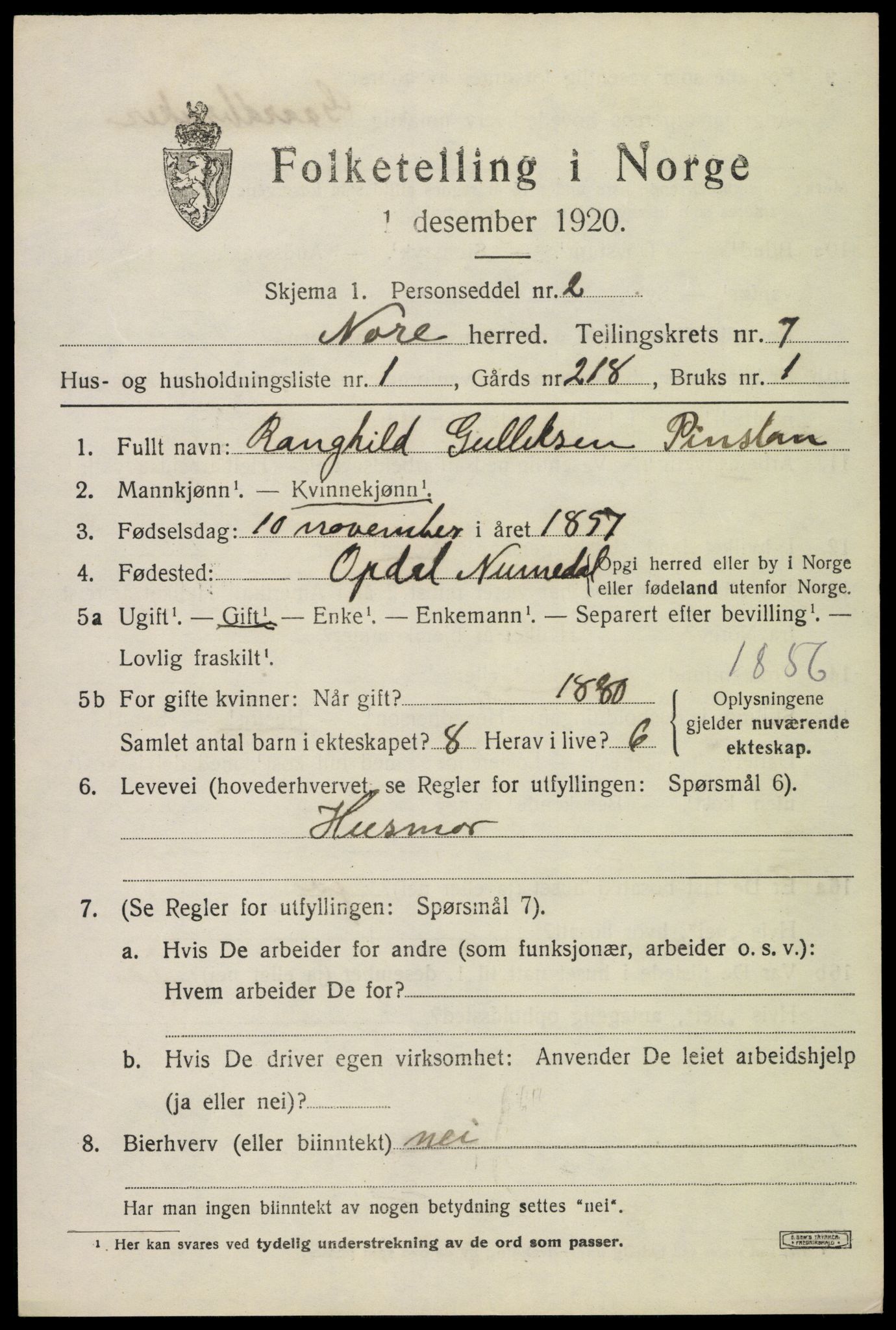 SAKO, 1920 census for Nore, 1920, p. 3050