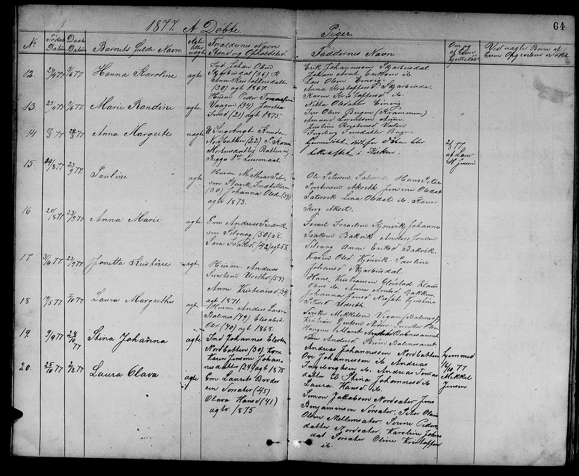 Ministerialprotokoller, klokkerbøker og fødselsregistre - Sør-Trøndelag, AV/SAT-A-1456/637/L0561: Parish register (copy) no. 637C02, 1873-1882, p. 64