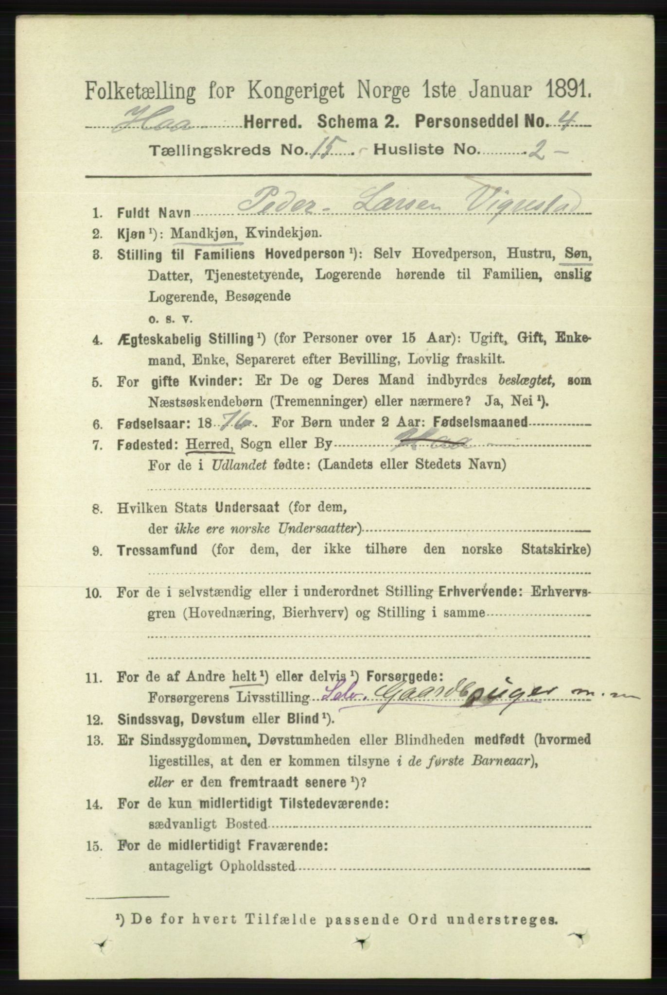 RA, 1891 census for 1119 Hå, 1891, p. 3651