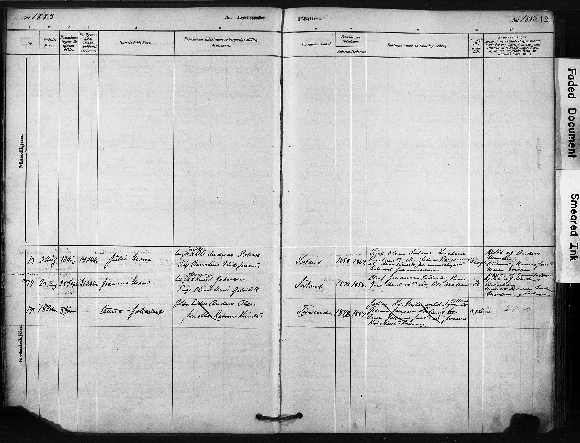 Ministerialprotokoller, klokkerbøker og fødselsregistre - Nordland, AV/SAT-A-1459/807/L0122: Parish register (official) no. 807A05, 1880-1902, p. 12