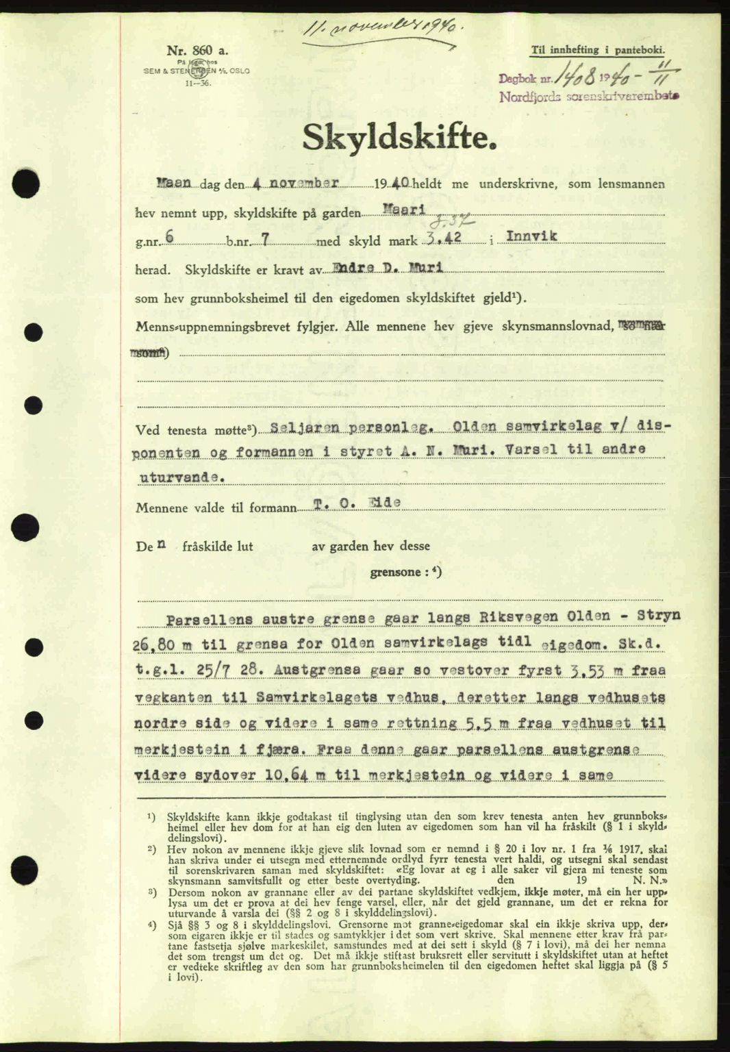 Nordfjord sorenskriveri, AV/SAB-A-2801/02/02b/02bj/L0006: Mortgage book no. A6, 1940-1941, Diary no: : 1408/1940