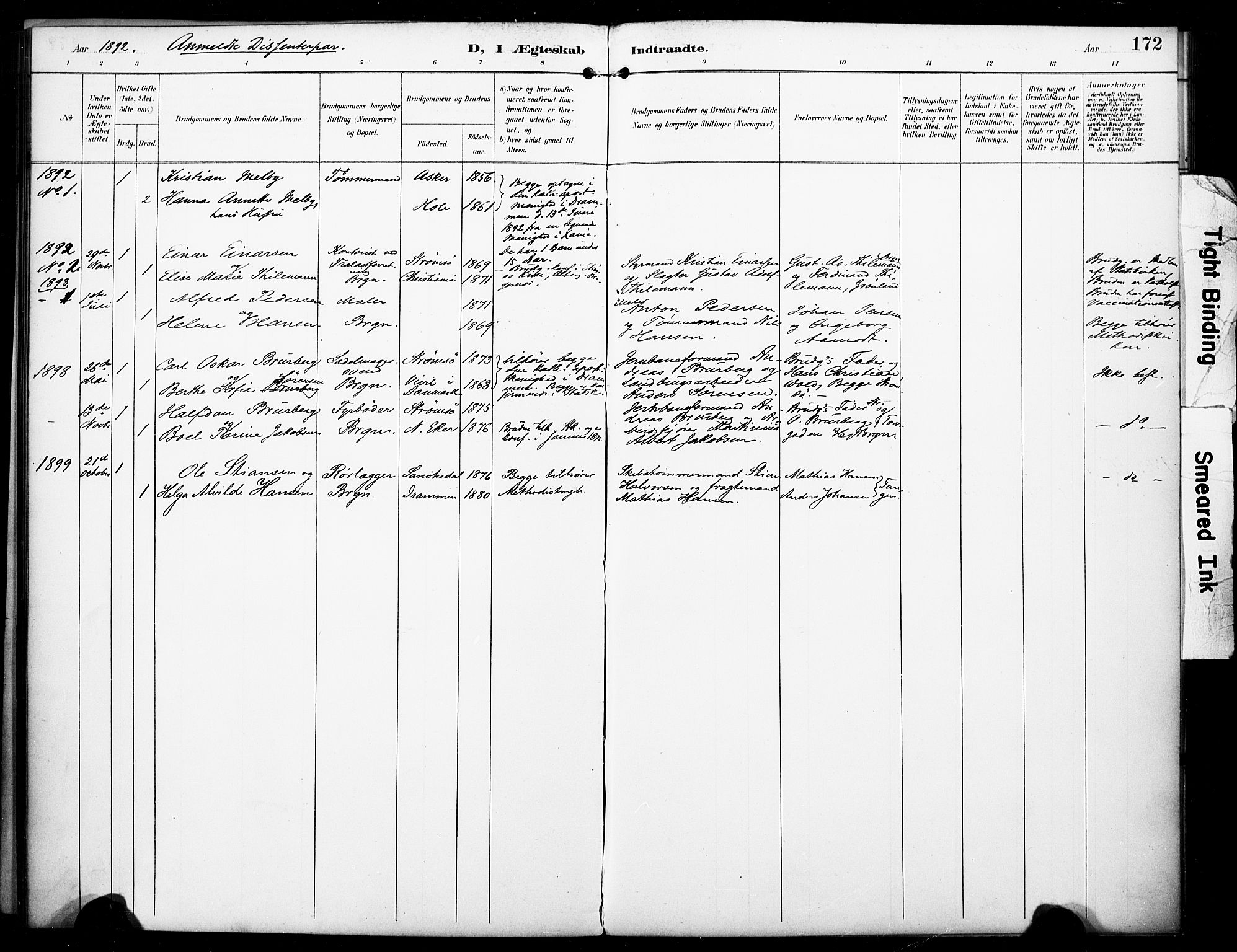 Bragernes kirkebøker, SAKO/A-6/F/Fc/L0006: Parish register (official) no. III 6, 1888-1899, p. 172