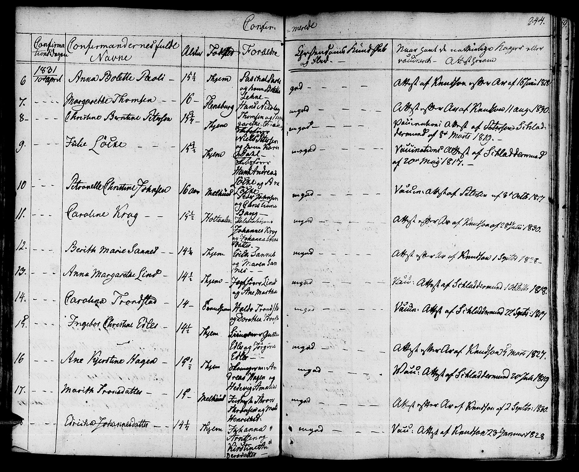 Ministerialprotokoller, klokkerbøker og fødselsregistre - Sør-Trøndelag, SAT/A-1456/601/L0045: Parish register (official) no. 601A13, 1821-1831, p. 244
