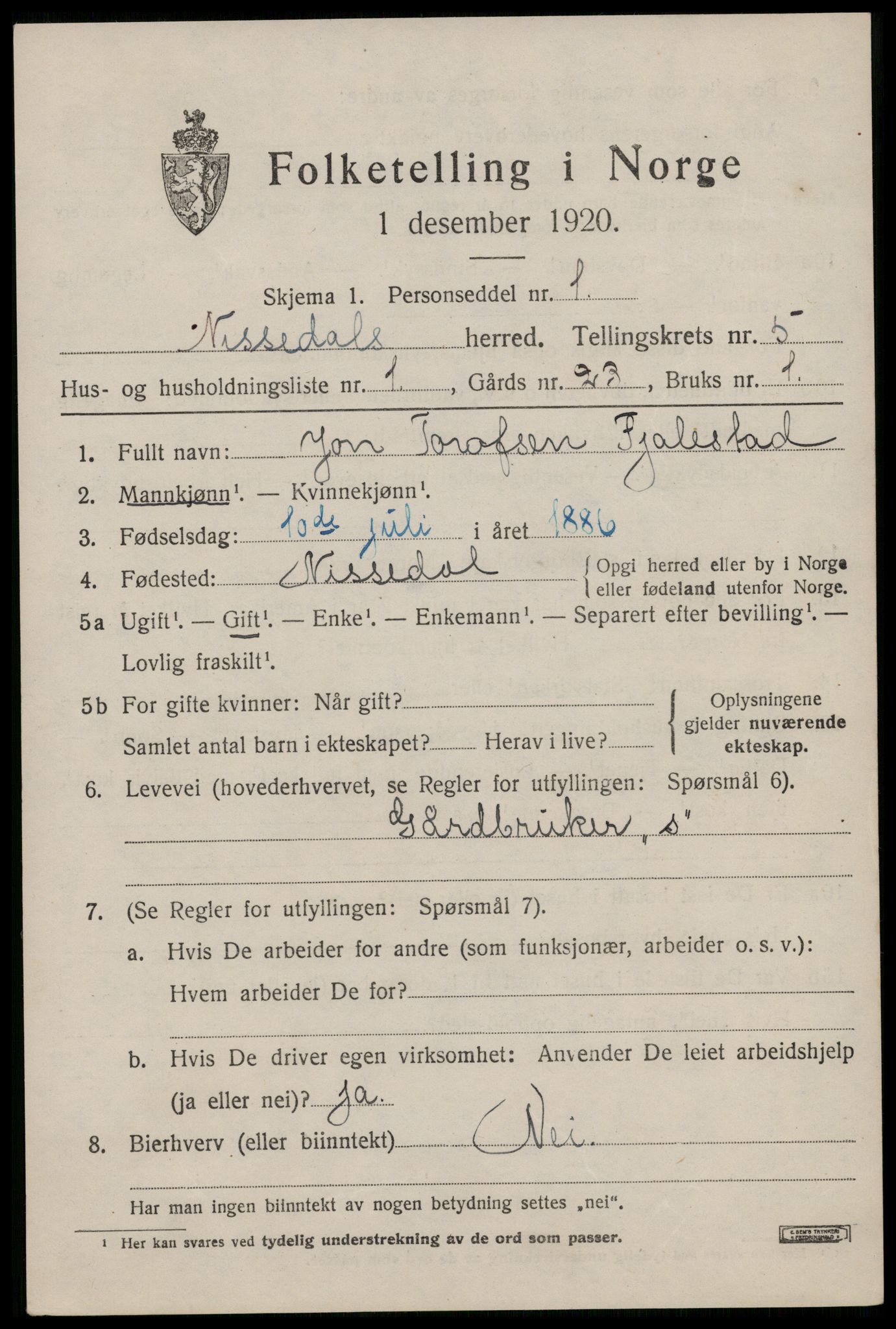 SAKO, 1920 census for Nissedal, 1920, p. 2031