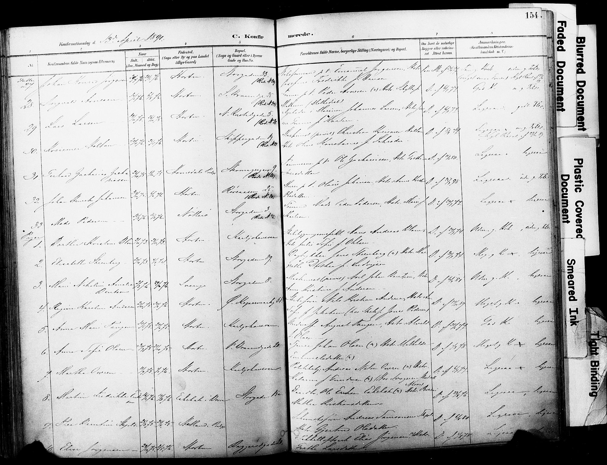 Horten kirkebøker, AV/SAKO-A-348/F/Fa/L0004: Parish register (official) no. 4, 1888-1895, p. 154