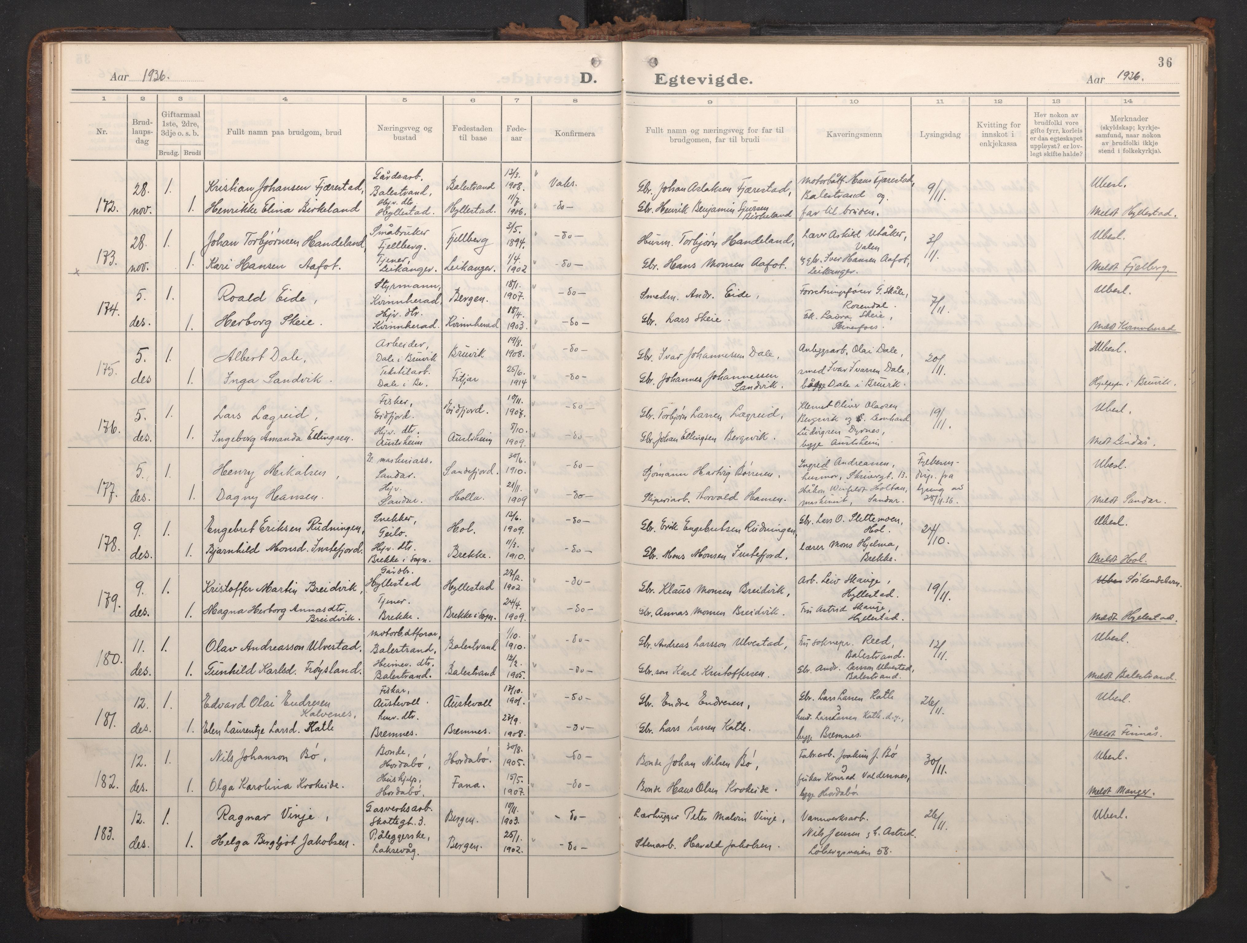 Nykirken Sokneprestembete, AV/SAB-A-77101/H/Haa/L0039: Parish register (official) no. D 9, 1935-1946, p. 35b-36a