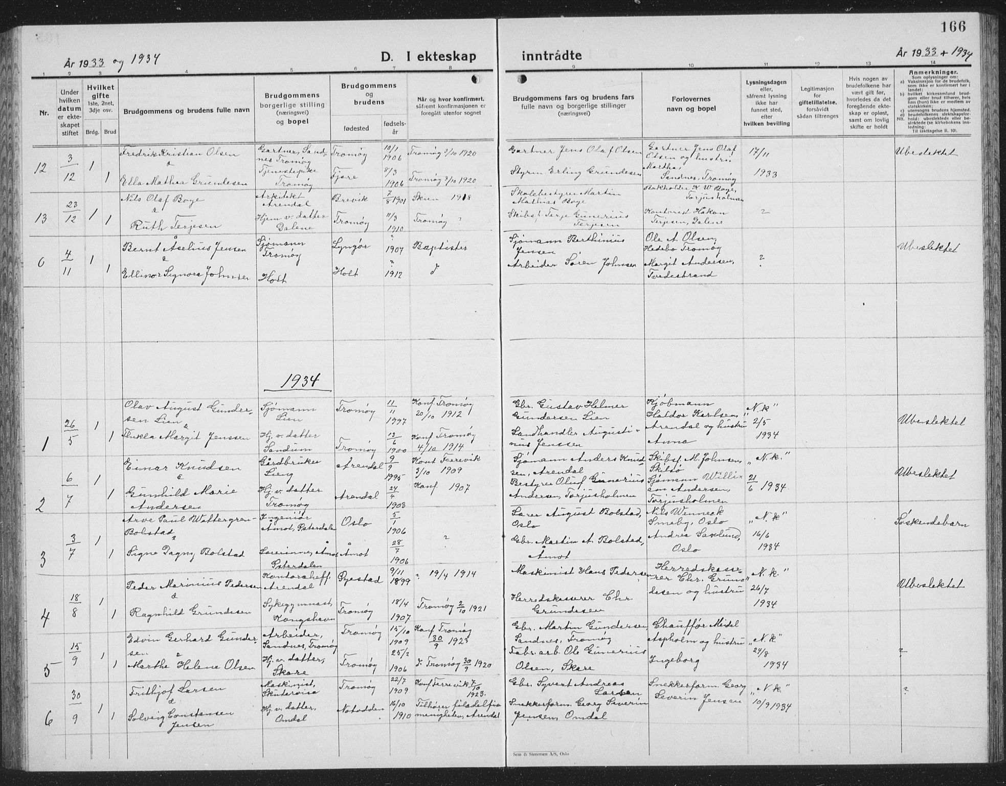 Tromøy sokneprestkontor, AV/SAK-1111-0041/F/Fb/L0008: Parish register (copy) no. B 8, 1925-1938, p. 166