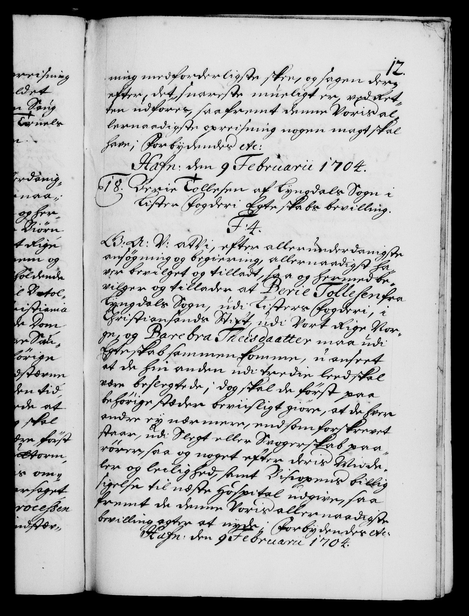 Danske Kanselli 1572-1799, AV/RA-EA-3023/F/Fc/Fca/Fcaa/L0019: Norske registre, 1704-1707, p. 12a