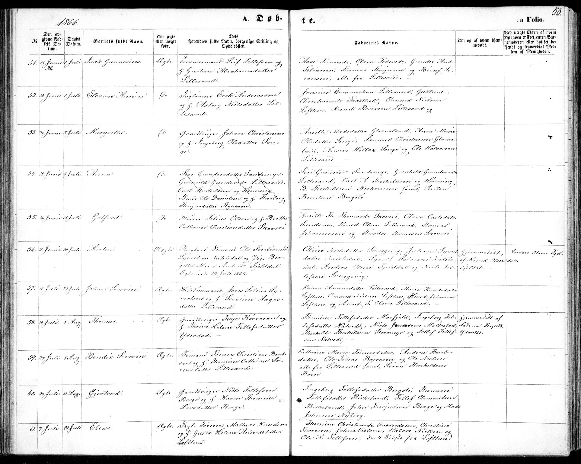 Vestre Moland sokneprestkontor, AV/SAK-1111-0046/F/Fb/Fbb/L0004: Parish register (copy) no. B 4, 1861-1872, p. 50