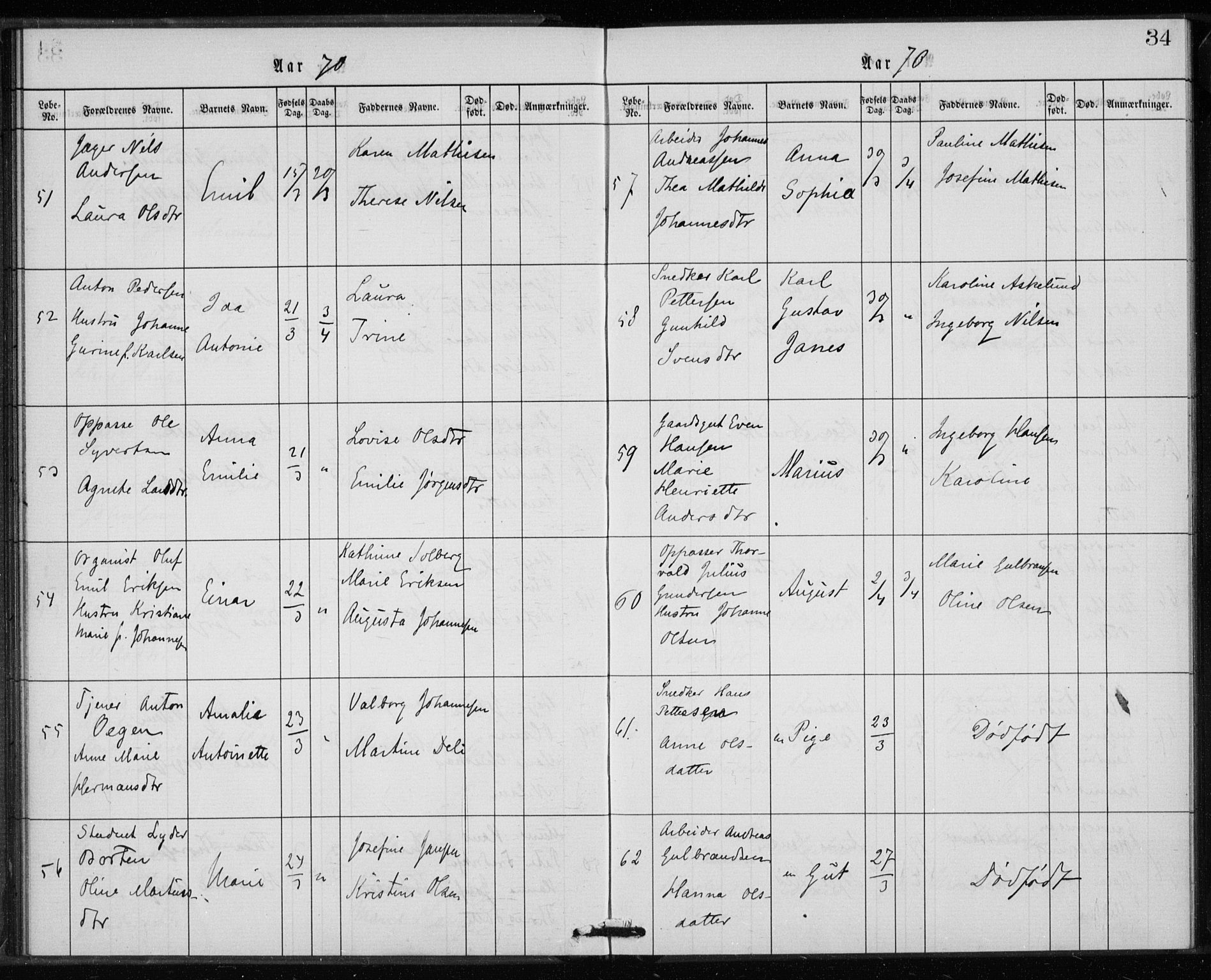 Rikshospitalet prestekontor Kirkebøker, SAO/A-10309b/K/L0002/0003: Baptism register no. 2.3, 1868-1876, p. 34