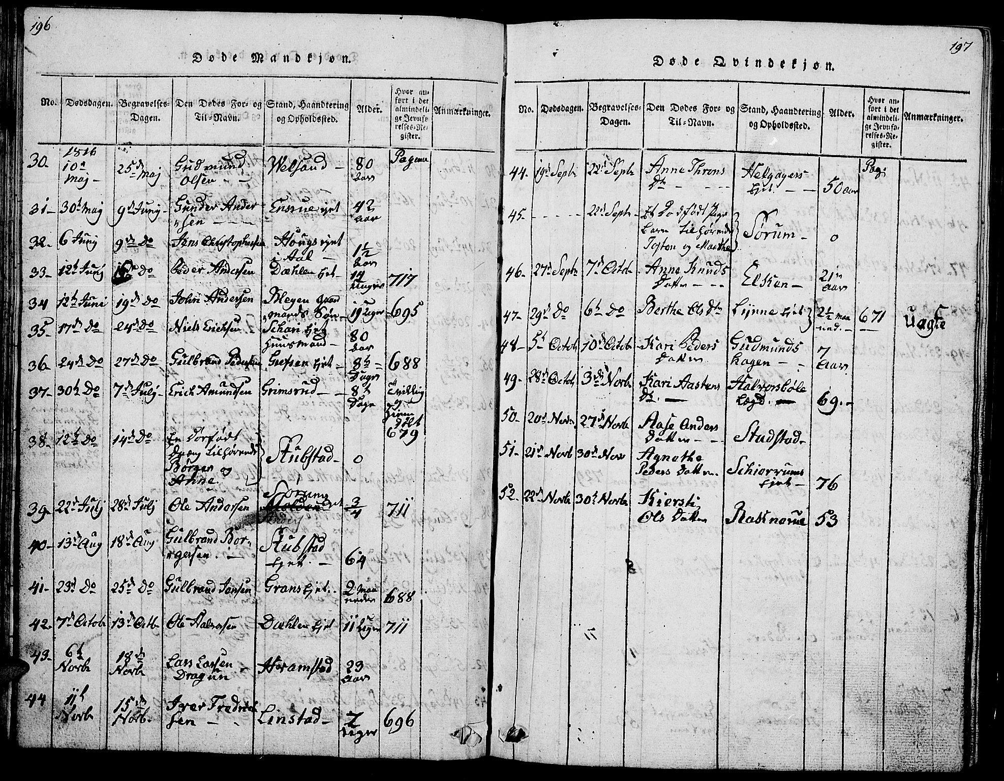 Gran prestekontor, SAH/PREST-112/H/Ha/Hab/L0001: Parish register (copy) no. 1, 1815-1824, p. 196-197
