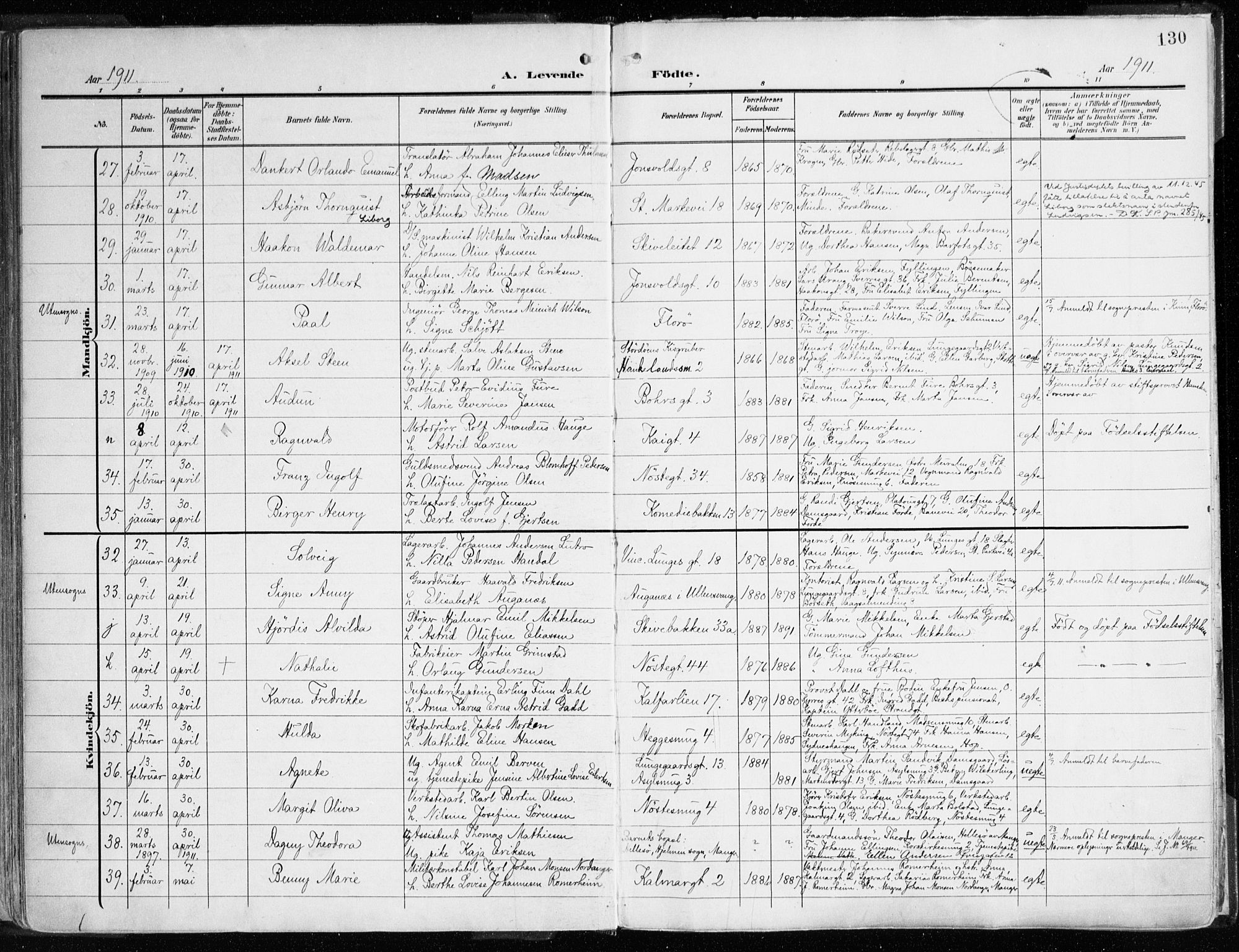 Domkirken sokneprestembete, SAB/A-74801/H/Haa/L0025: Parish register (official) no. B 8, 1903-1925, p. 130