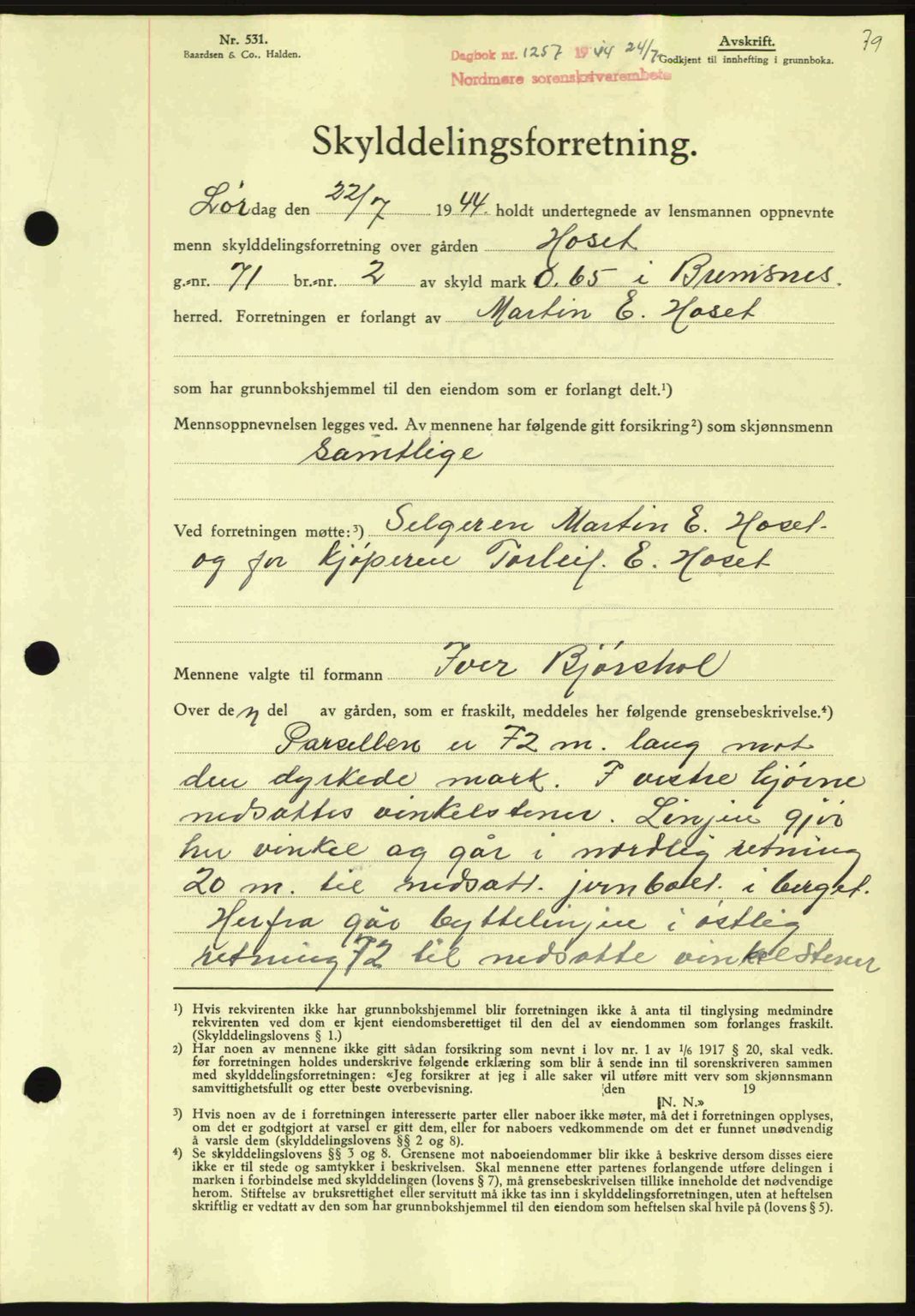 Nordmøre sorenskriveri, AV/SAT-A-4132/1/2/2Ca: Mortgage book no. A98, 1944-1944, Diary no: : 1257/1944