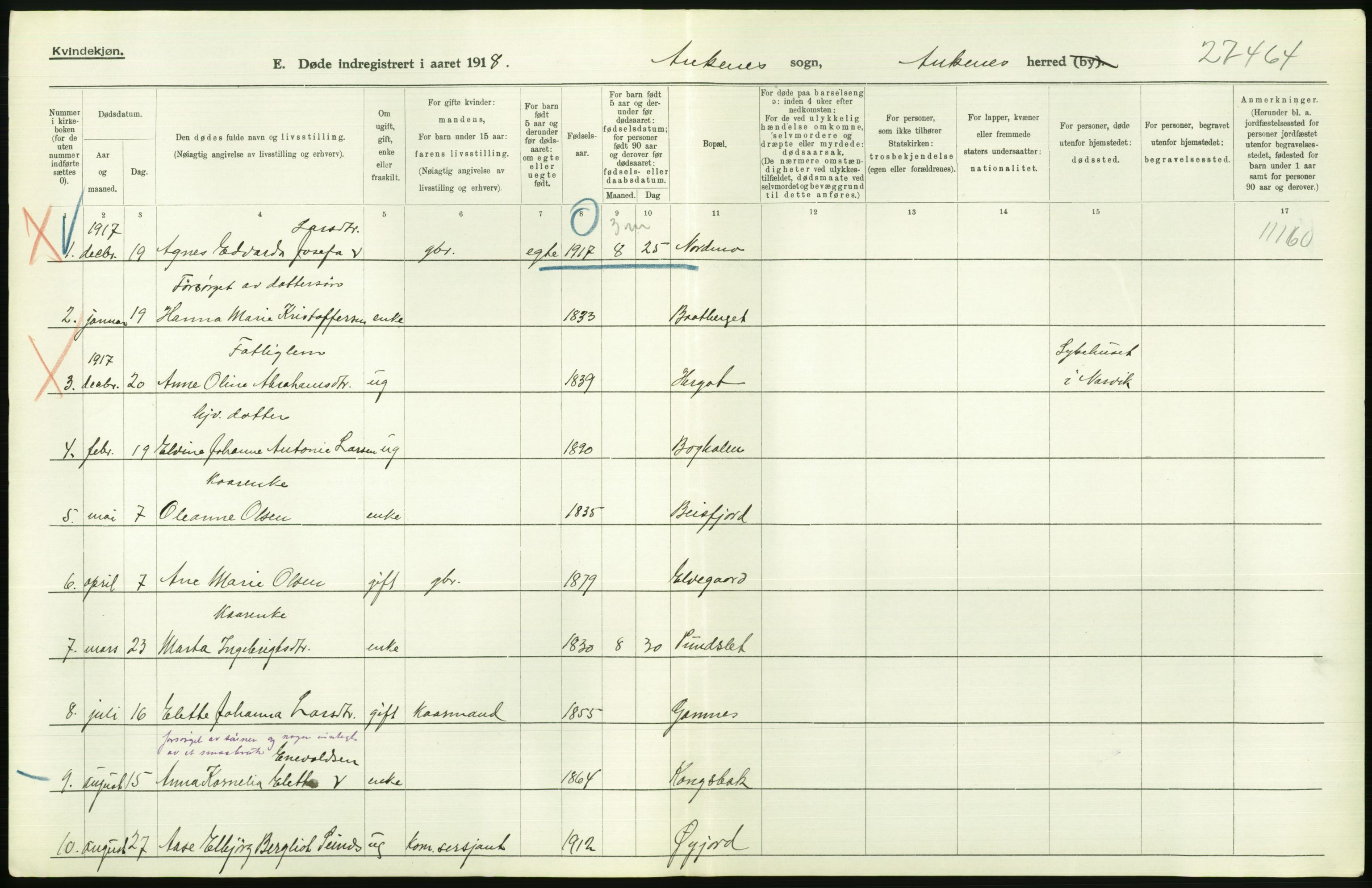 Statistisk sentralbyrå, Sosiodemografiske emner, Befolkning, AV/RA-S-2228/D/Df/Dfb/Dfbh/L0055: Nordland fylke: Døde. Bygder og byer., 1918, p. 580