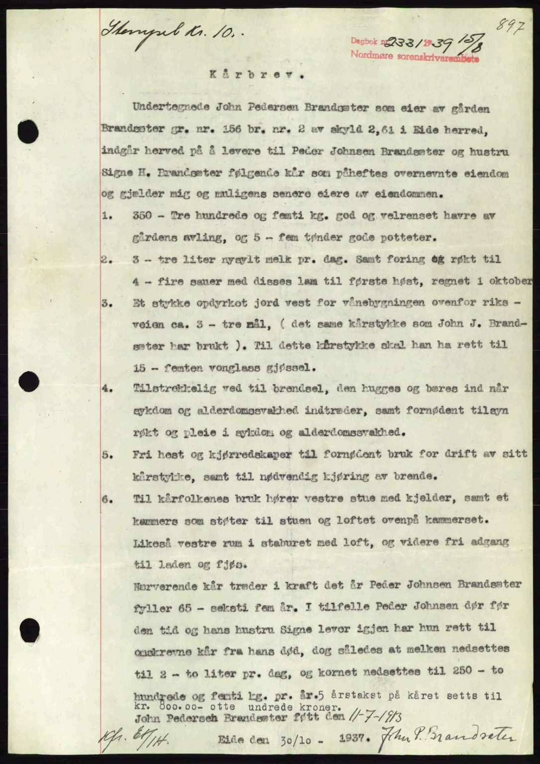 Nordmøre sorenskriveri, AV/SAT-A-4132/1/2/2Ca: Mortgage book no. B85, 1939-1939, Diary no: : 2331/1939