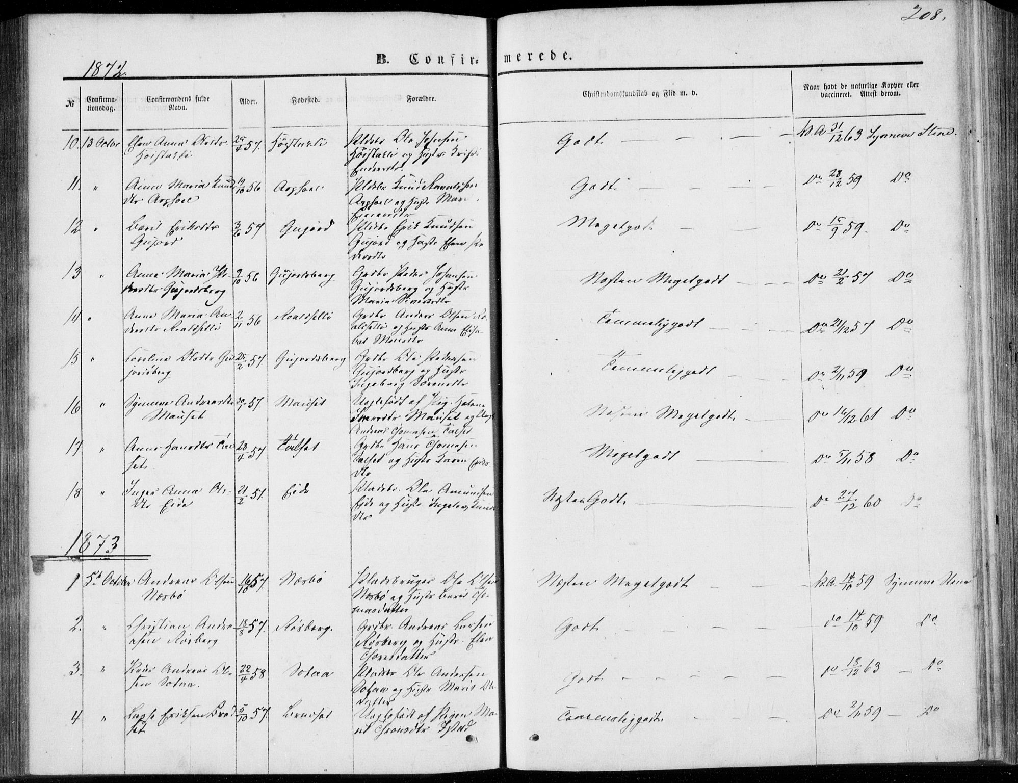 Ministerialprotokoller, klokkerbøker og fødselsregistre - Møre og Romsdal, SAT/A-1454/557/L0681: Parish register (official) no. 557A03, 1869-1886, p. 208