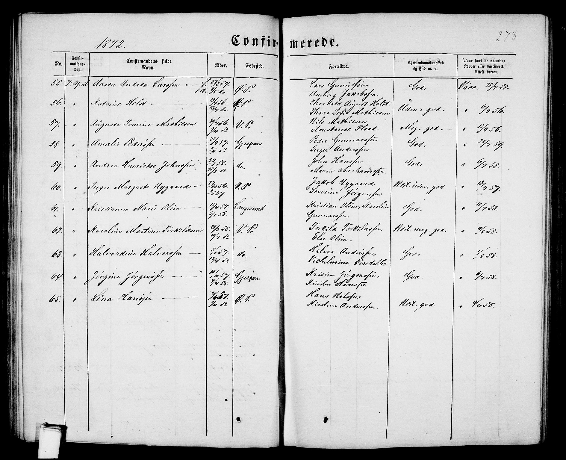 Porsgrunn kirkebøker , SAKO/A-104/G/Gb/L0004: Parish register (copy) no. II 4, 1853-1882, p. 278