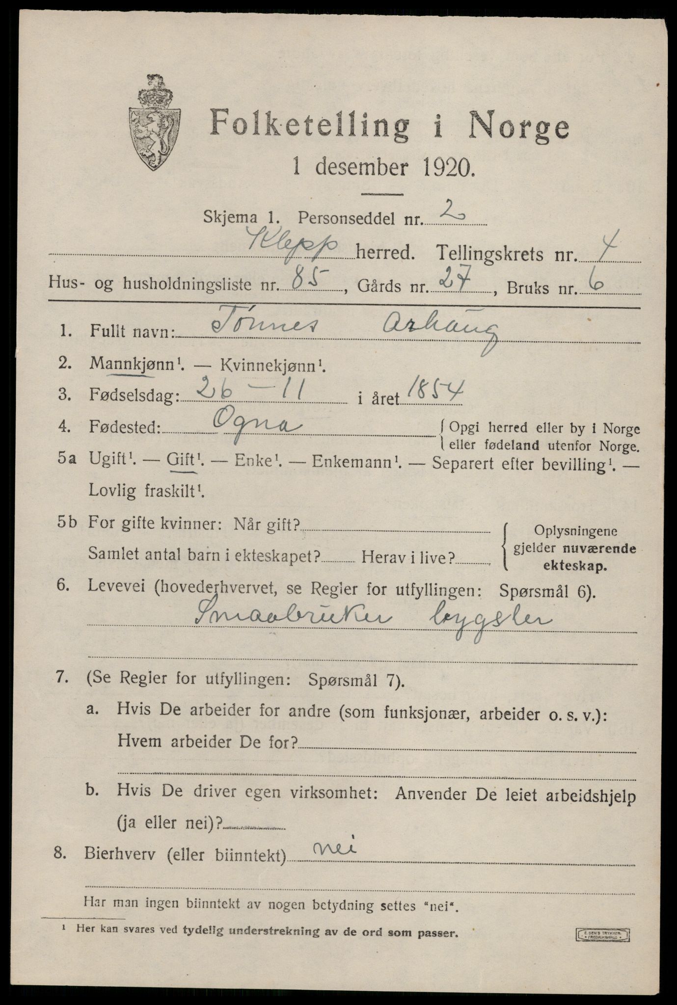 SAST, 1920 census for Klepp, 1920, p. 5346