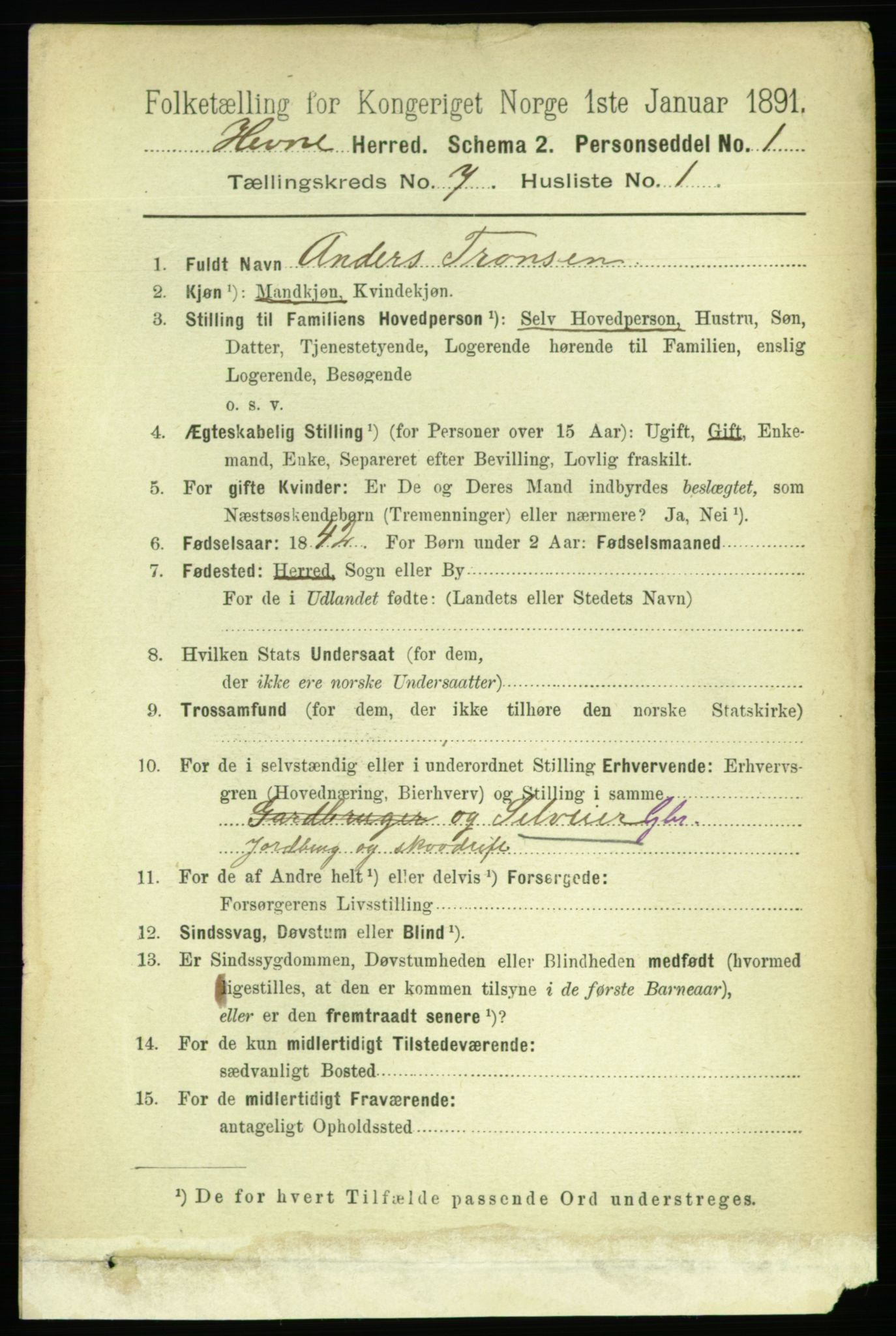 RA, 1891 census for 1612 Hemne, 1891, p. 4144