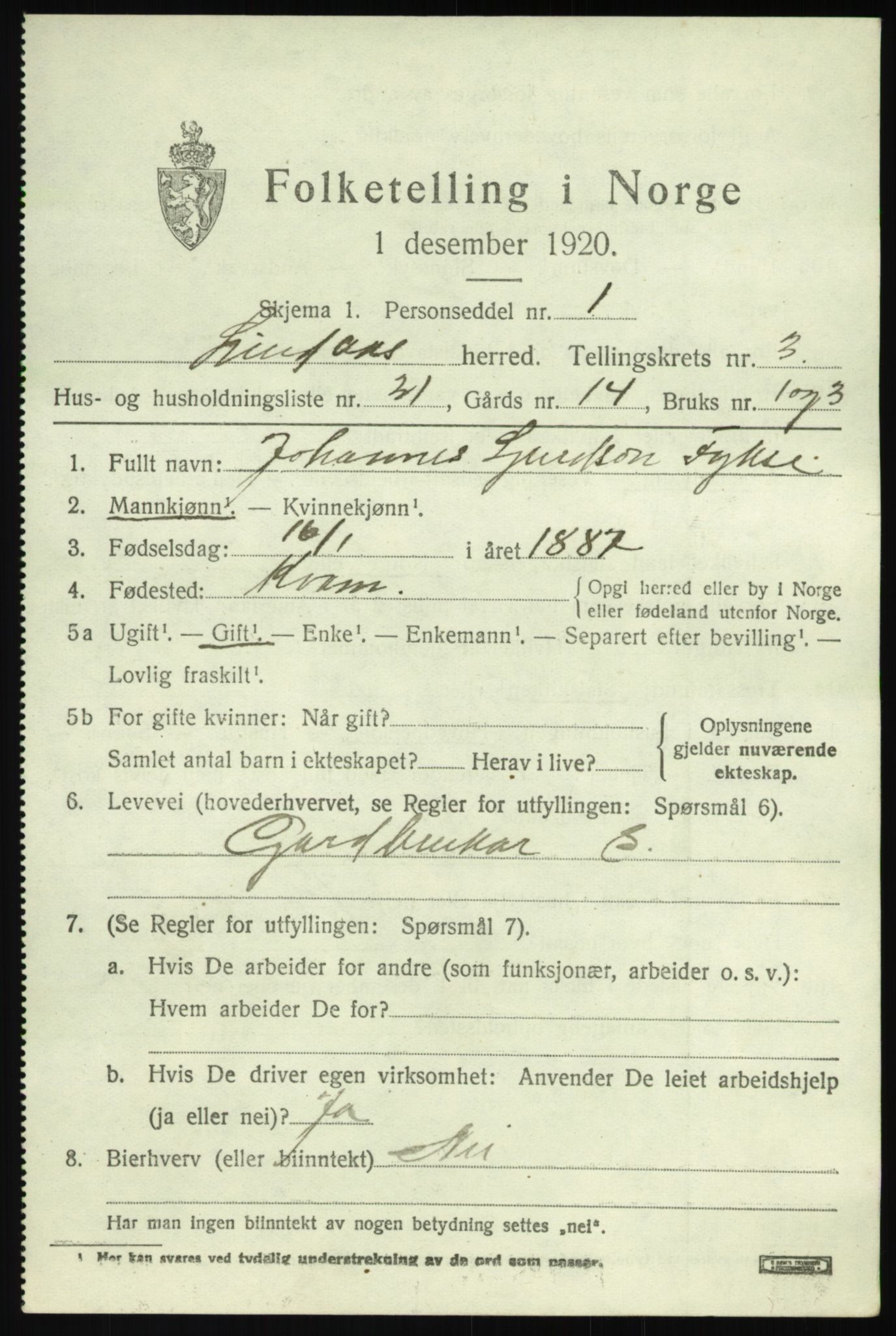 SAB, 1920 census for Lindås, 1920, p. 2231